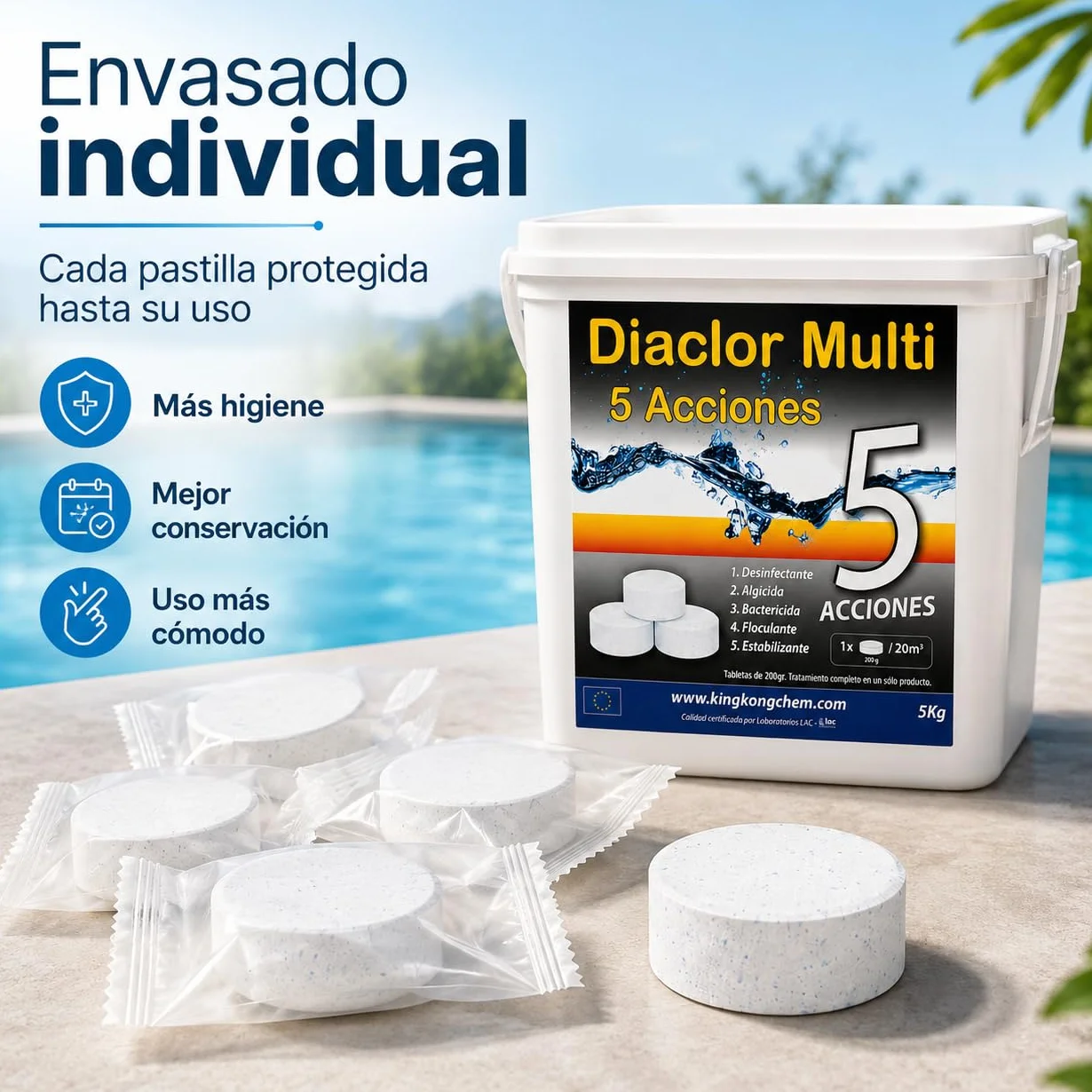 DIACLOR Pastillas de Cloro Lento 200g 5KG 25 Tabletas Multi 5 Acciones para Piscinas