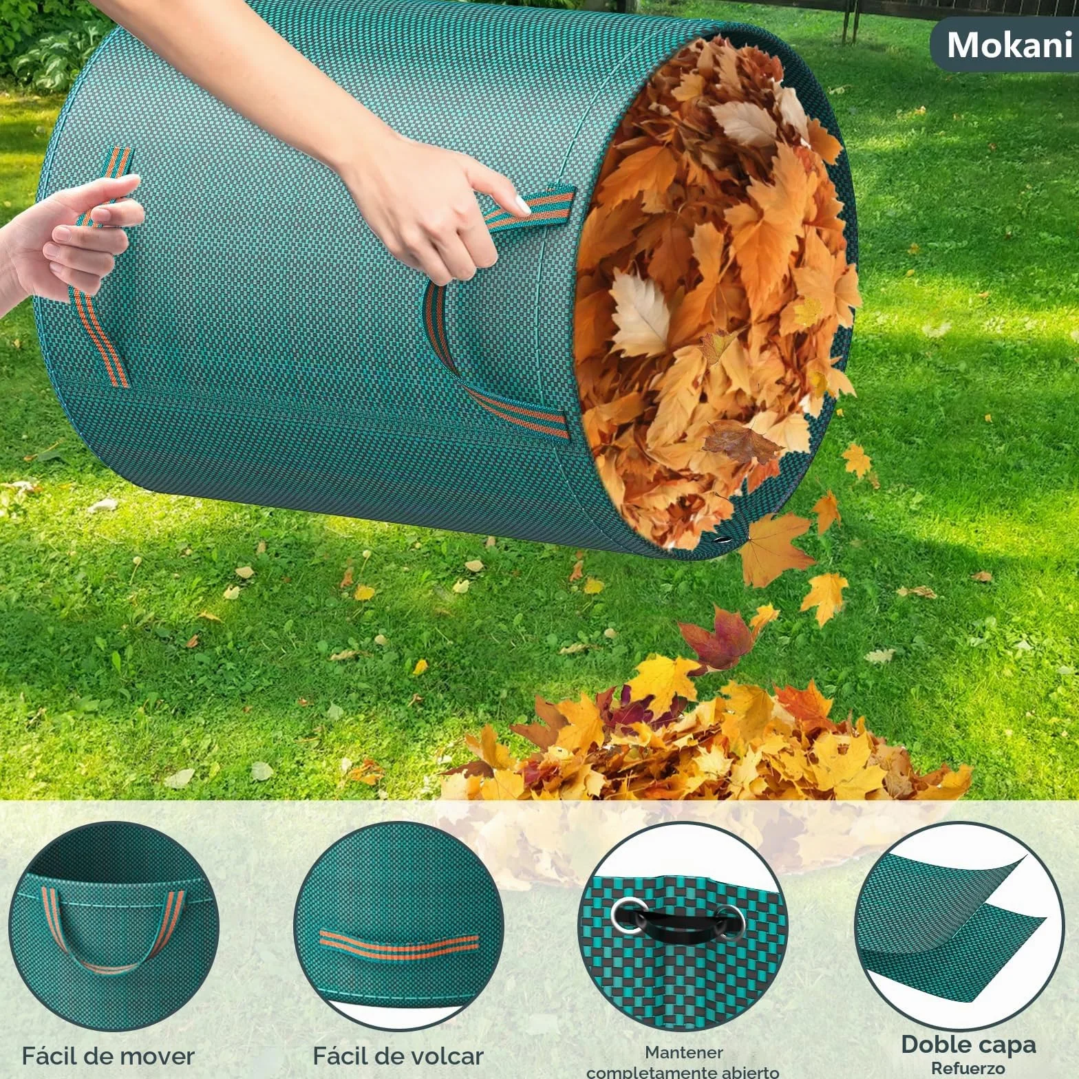 Mokani Bolsas de basura de jardín 300 L x 3 resistentes con asas reutilizables plegables