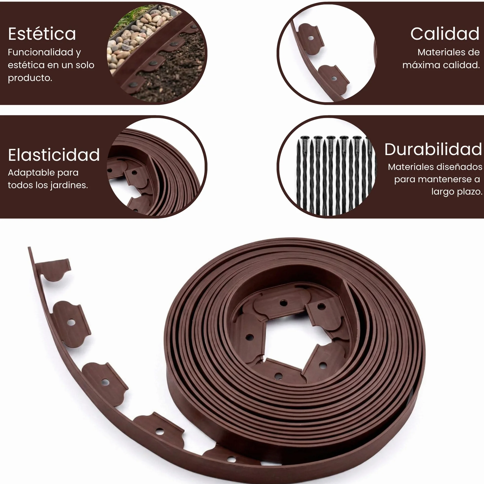Bordura Jardín Exterior 10 m Flexible Borde Plástico Resistente 5 mm con 30 Piquetas Marrón