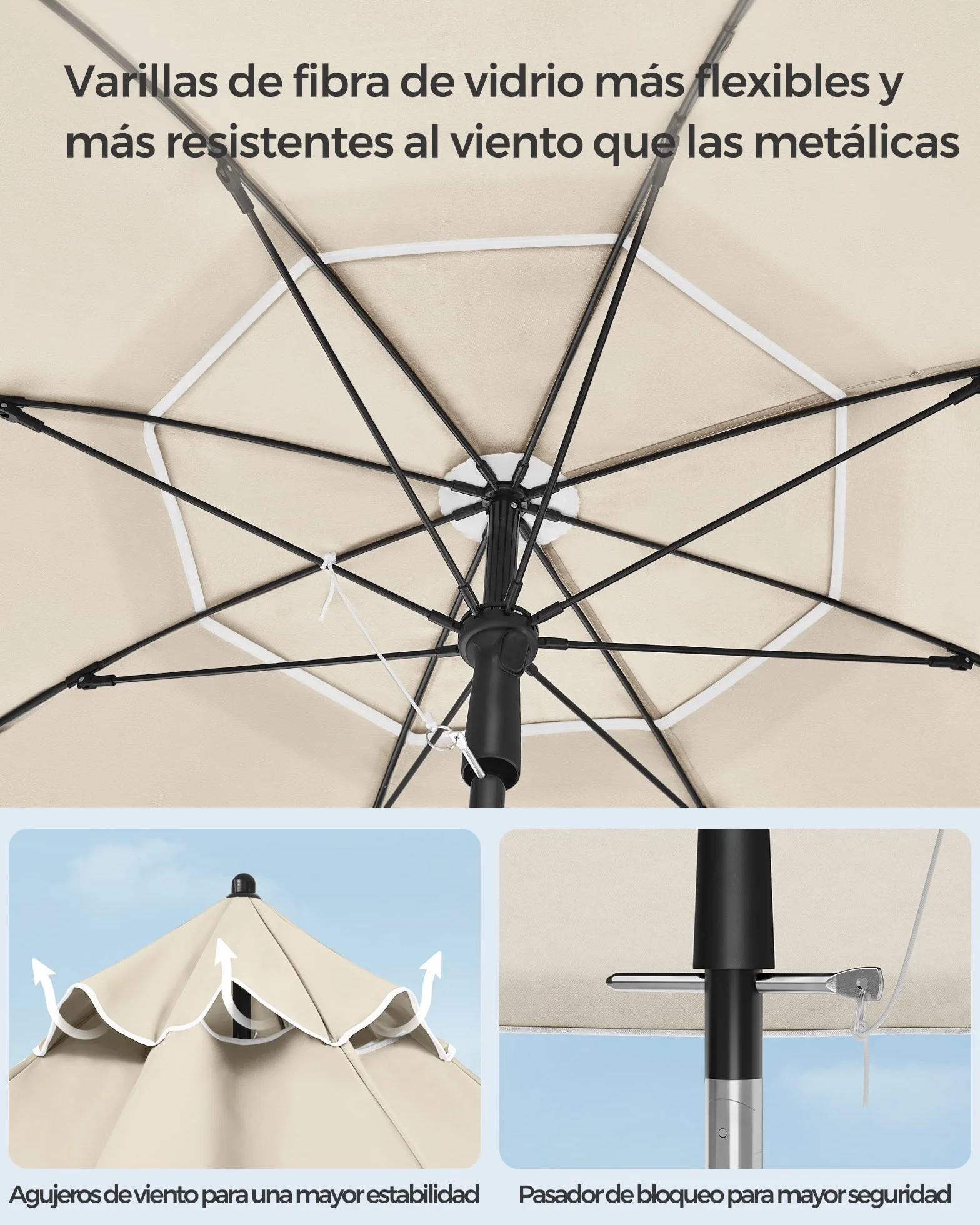 SONGMICS Sombrilla 200 cm UPF 50+ Inclinación Bidireccional 30° Altura Ajustable con Bolsa