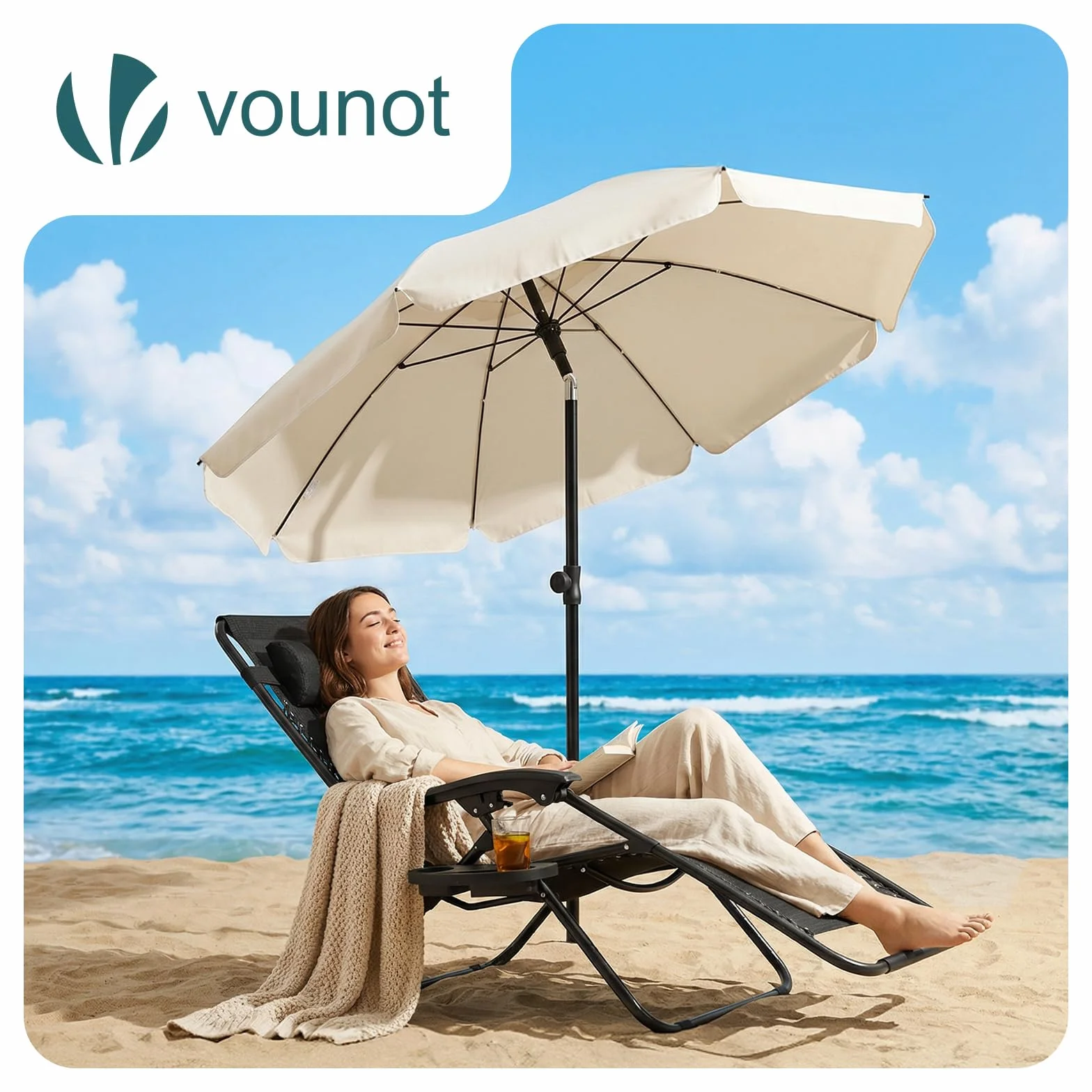 VOUNOT Parasol Playa Grande Ø200cm Protección UV 50+ Soporte Arena Mástil Inclinable Altura Regulable con Bolsa Transporte
