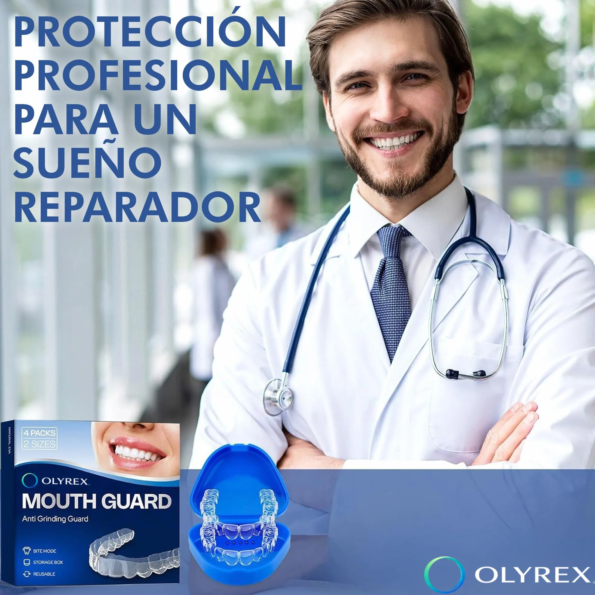 OLYREX® Ferula Descarga Bruxismo 4 Piezas 2 Tamaños Protector Bucal Ajustable Moldeable Reutilizable