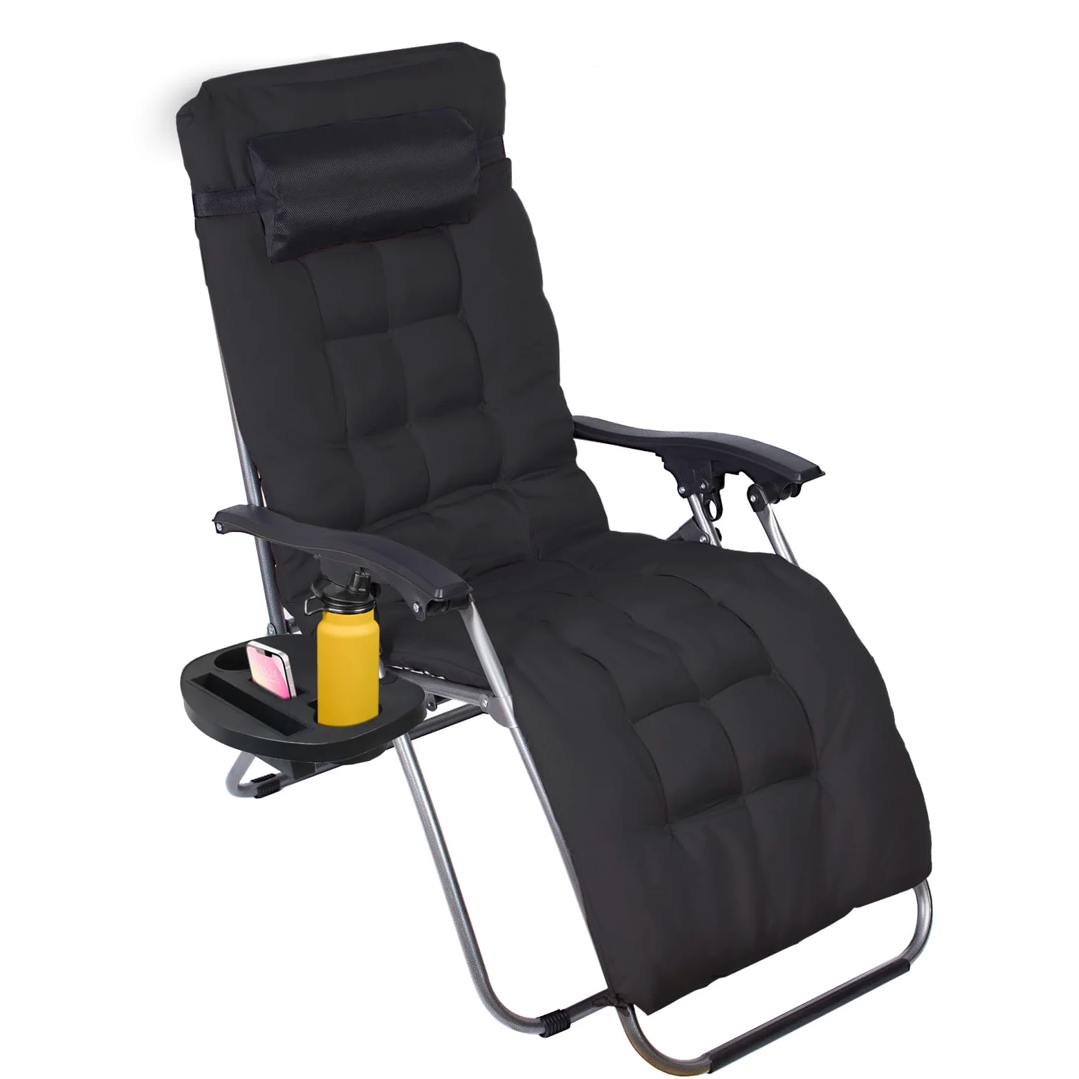 Todeco Tumbona Plegable Jardín, 2 en 1 Silla Gravedad Cero Reclinable | Cojín Extraíble, Portavasos Respaldo Ajustable, para Patio, Camping, Terraza y Piscina, Negro