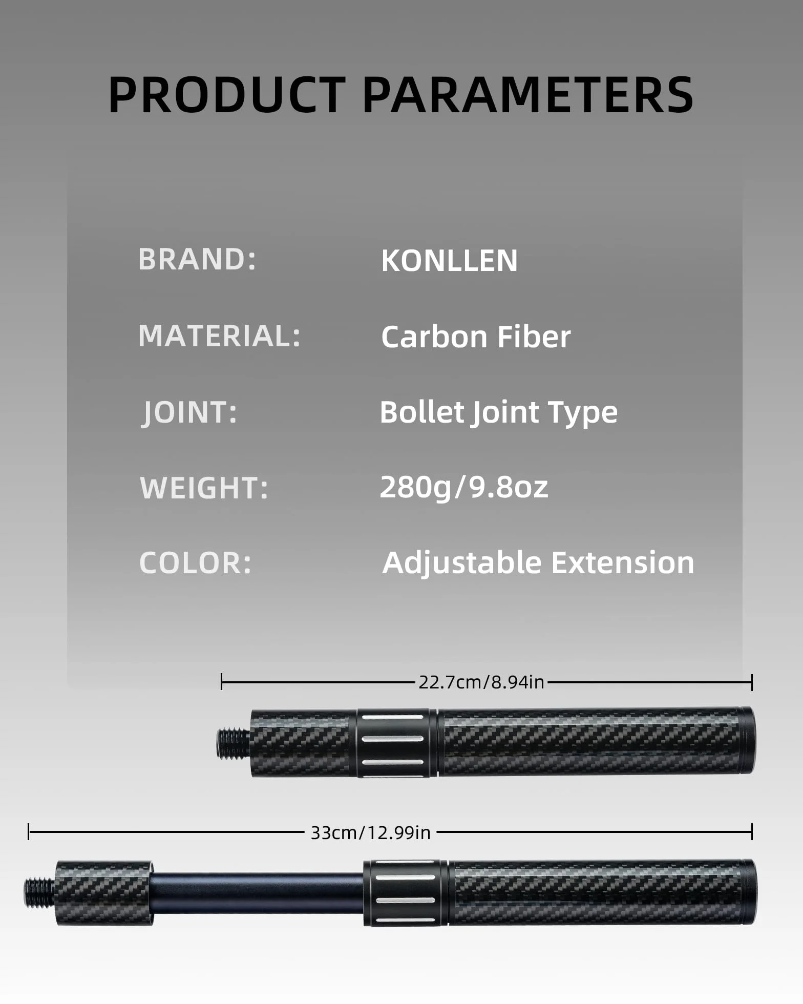 KONLLEN Pool Cue Extension Carbon Fiber Billiards Cue Extension with 3 Bumpers