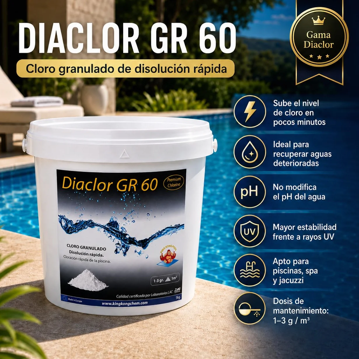DIASA INDUSTRIAL Cloro Choque Disolución Rápida para Piscinas DIACLOR GR 60 5 KG Dicloro Granulado Puro