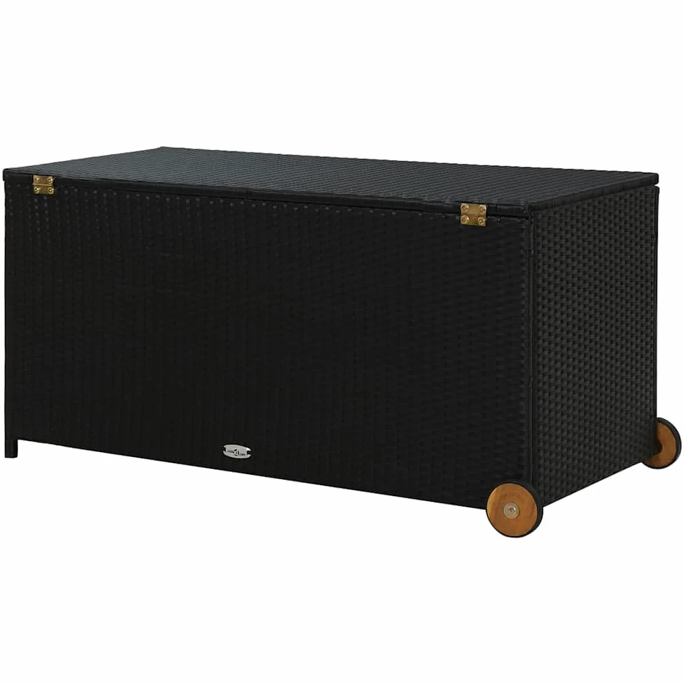 Caja acolchada negra de 120 x 65 x 61 cm, de ratán sintético resistente a la intemperie, con mango de madera, bolsillo interior impermeable y 2 ruedas para guardar almohadas y mantas