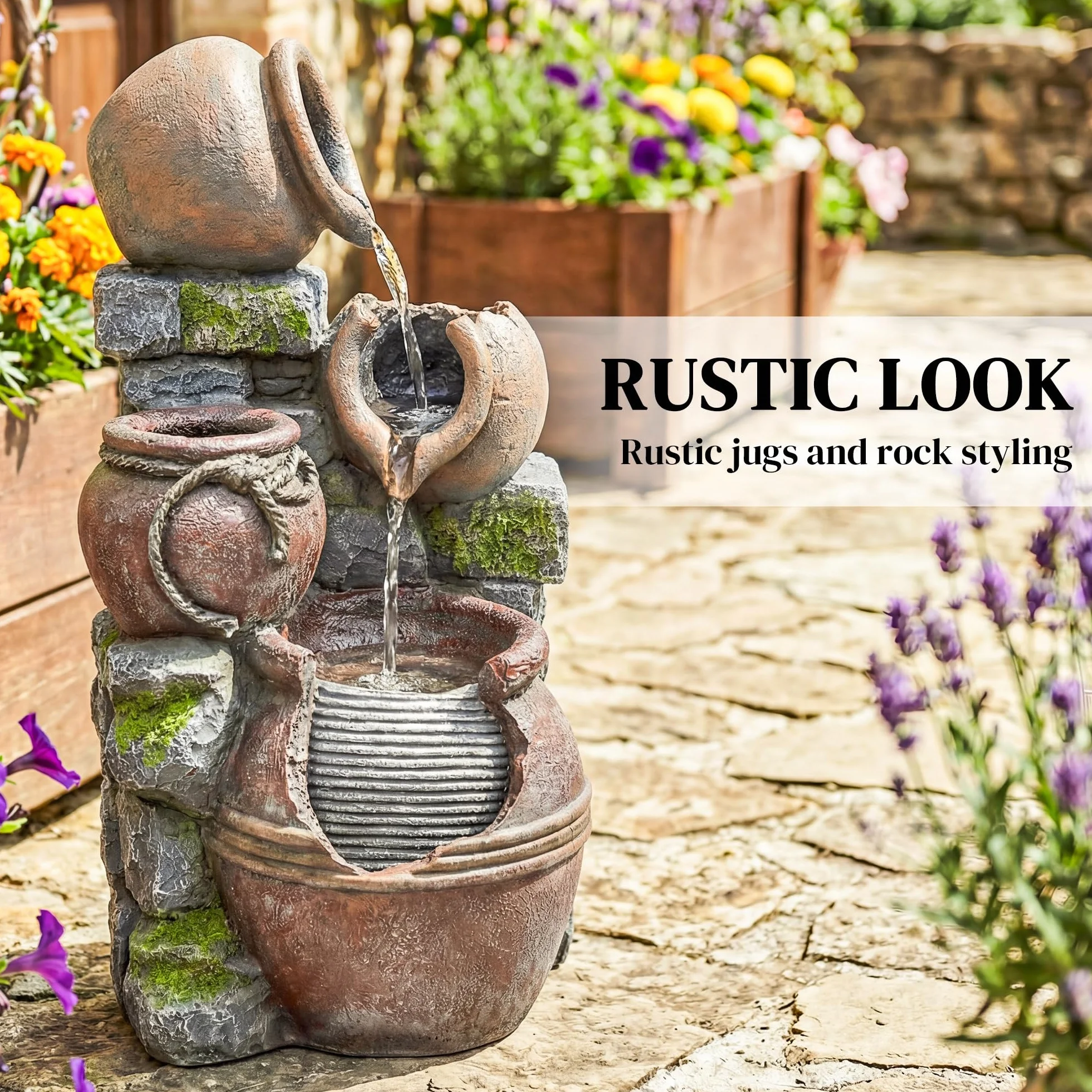 Fuente exterior Outsunny con macetas y jardineras rústicas de 4 niveles, cascada, fuente de jardín con luces LED, caudal ajustable, fuente de jardín para patio, terraza, marrón rústico.
