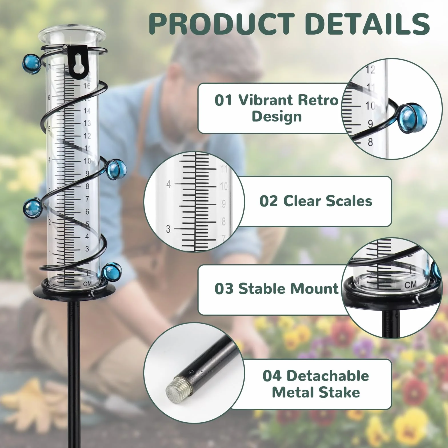 Pluviómetro Exterior 48 cm con Soporte de Metal en Espiral, Medidor de Lluvia de Cristal