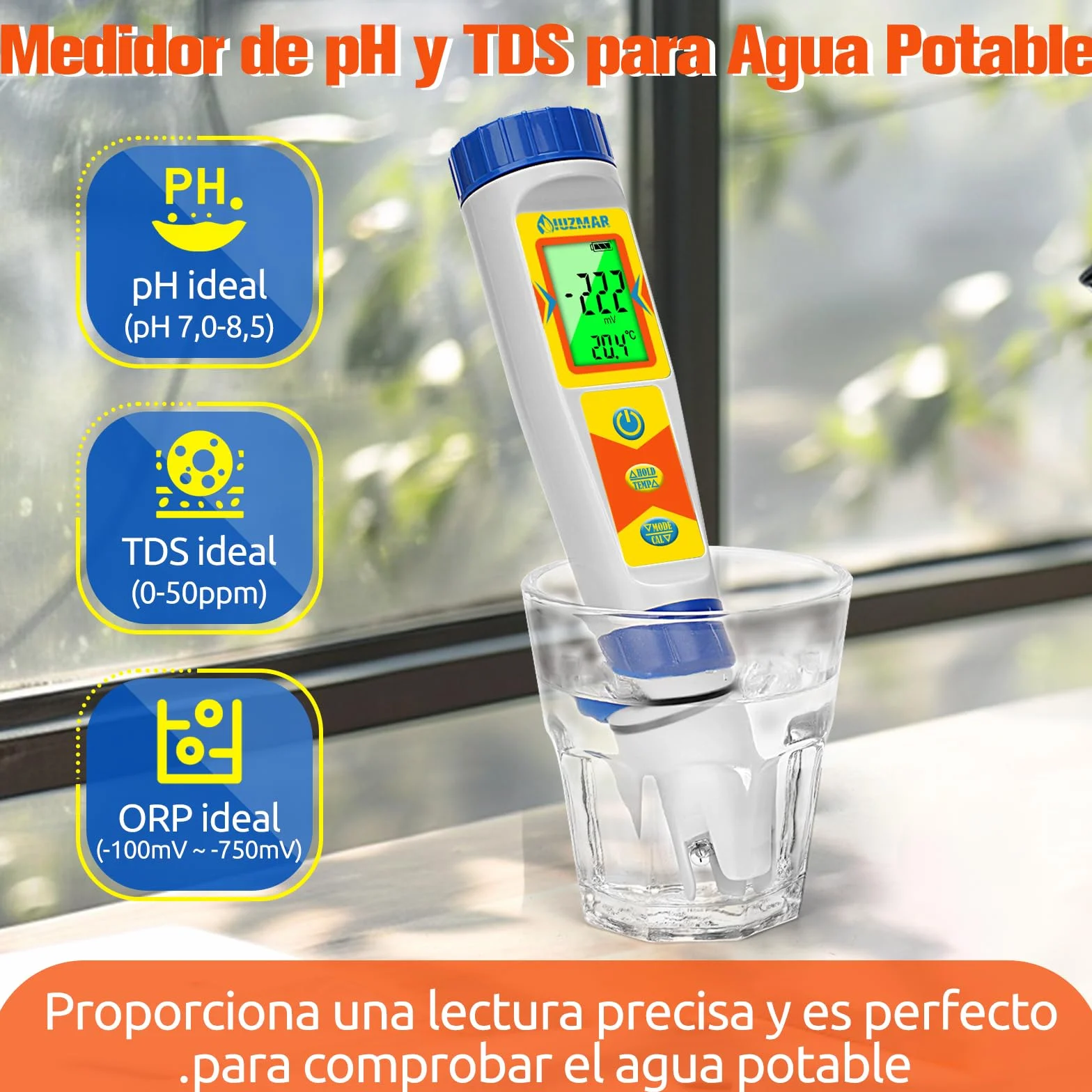 UIUZMAR Medidor de Hidrógeno y pH para Botella de Agua de Hidrógeno, Medidor pH H2, Probador de Calidad del Agua 6 en 1 con Función de pH H2 ORP TDS EC TEMP para Piscina, Acuario, Hidroponía