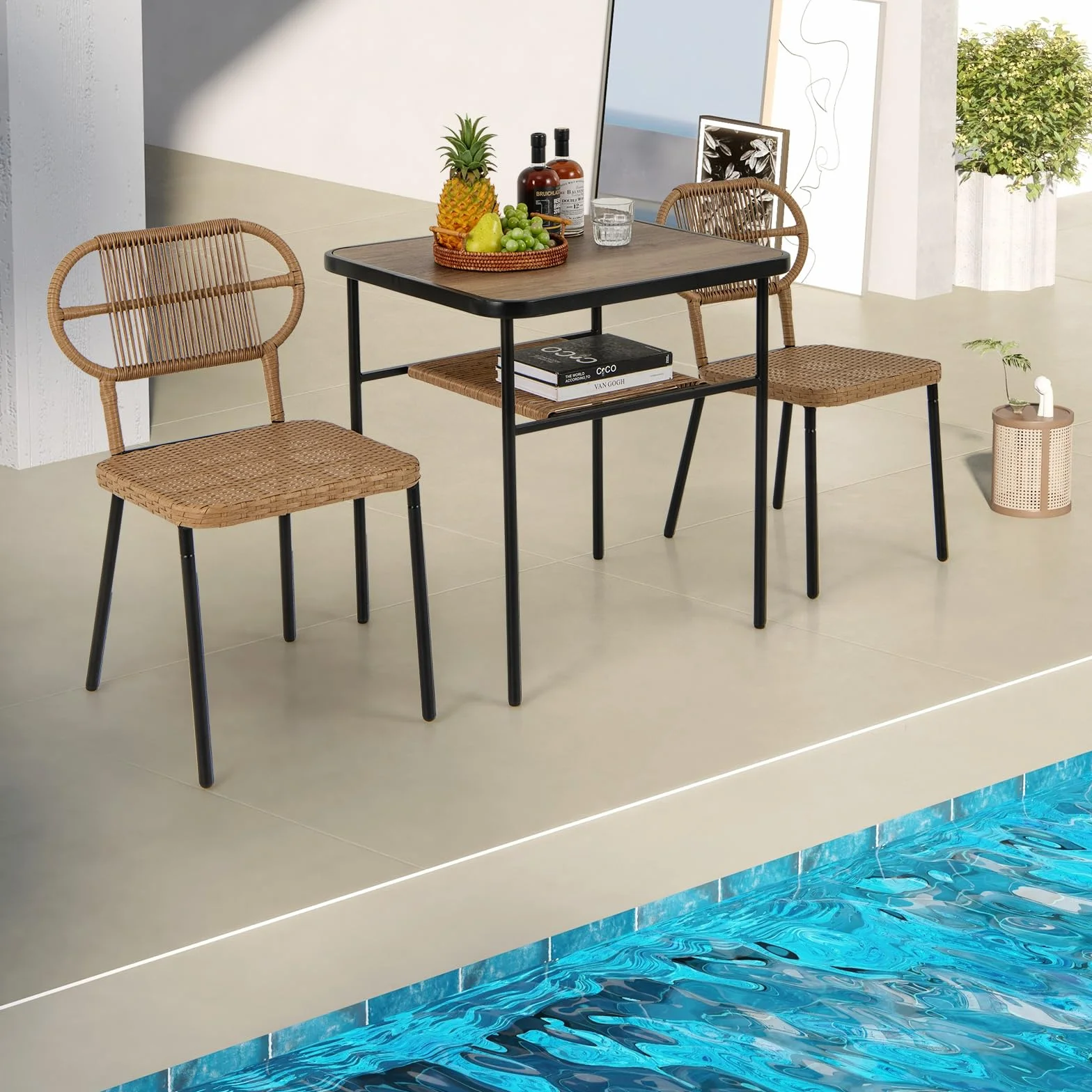 COSTWAY Conjunto Jardin Exterior de 3 Piezas, 2 Sillas de Ratán Apilables y Mesa de Comedor con Estante, Mesa y Sillas Jardin Terraza Balcon Interior Exterior