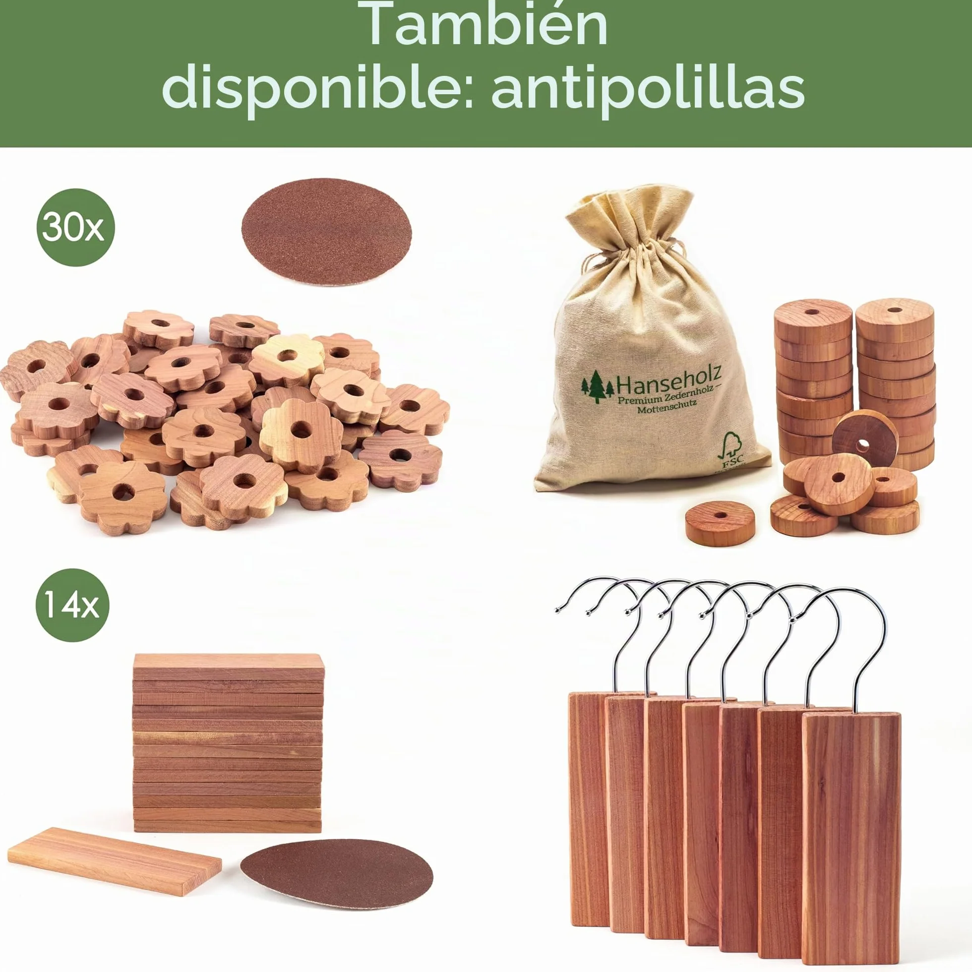Bloques de madera de cedro 7X - Certificado FSC® - Protección orgánica natural contra polillas para el armario - Repelente duradero y sin productos químicos contra las polillas de la ropa