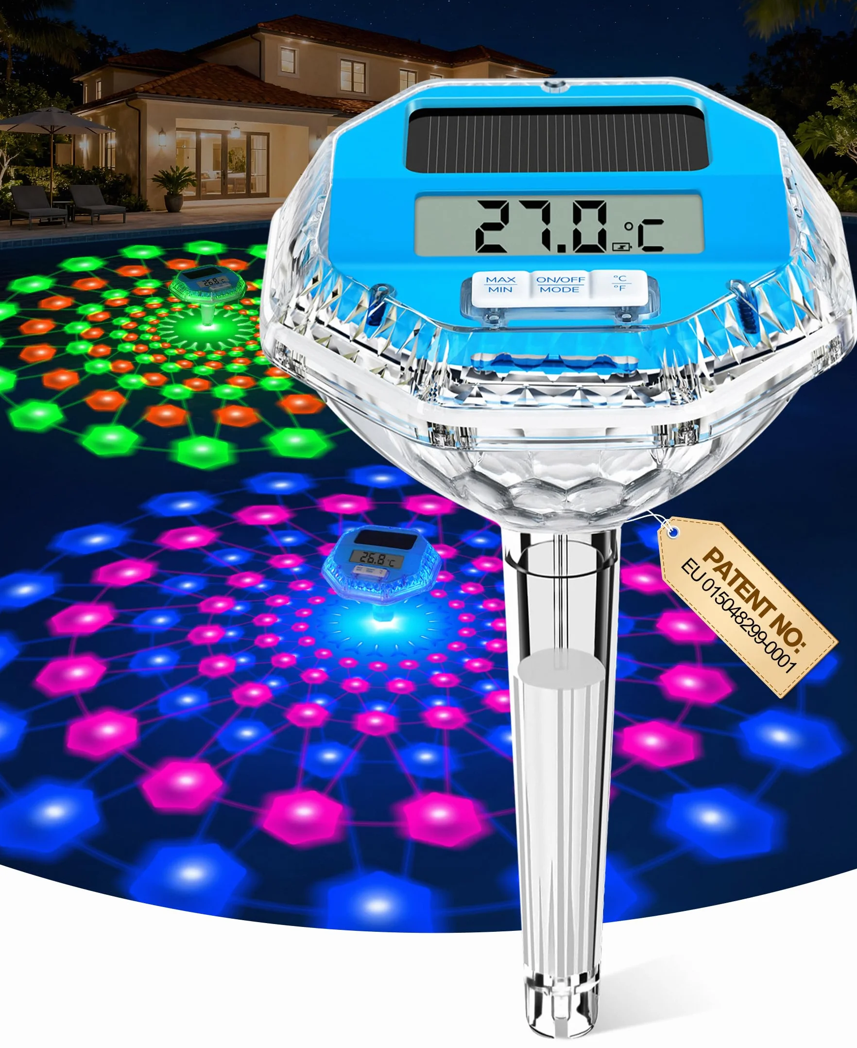 LanBlu Termómetro Piscina Flotante Solar con Luces, Pantalla LCD para Agua Piscina SPA Estanque