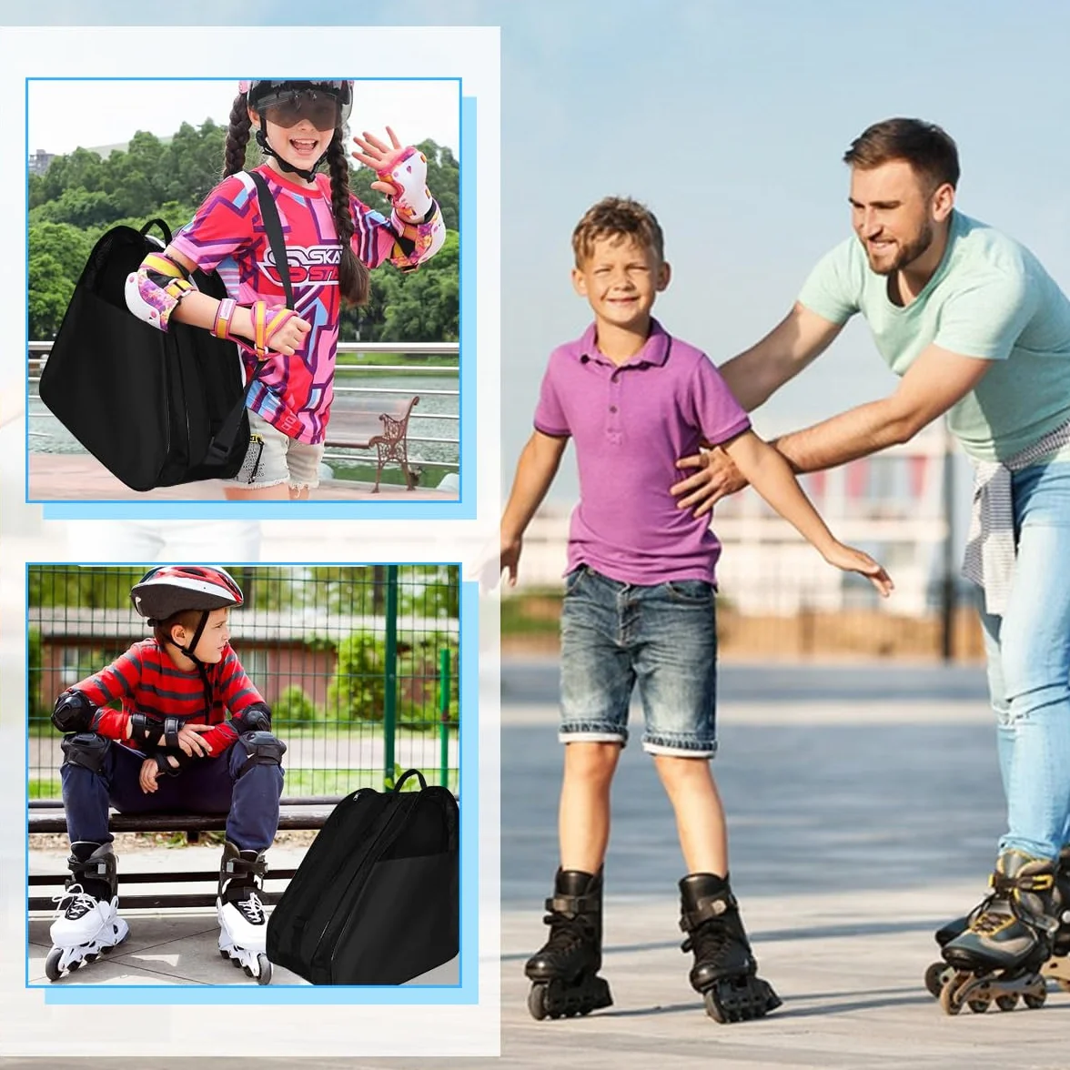Mochila para Patines en Línea 3 Compartimentos Casco Protecciones Negro