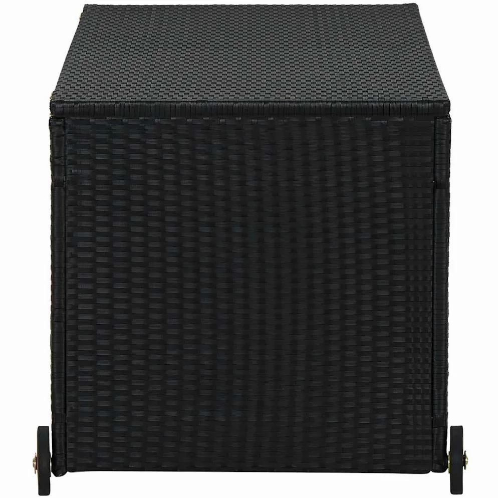 Caja acolchada negra de 120 x 65 x 61 cm, de ratán sintético resistente a la intemperie, con mango de madera, bolsillo interior impermeable y 2 ruedas para guardar almohadas y mantas
