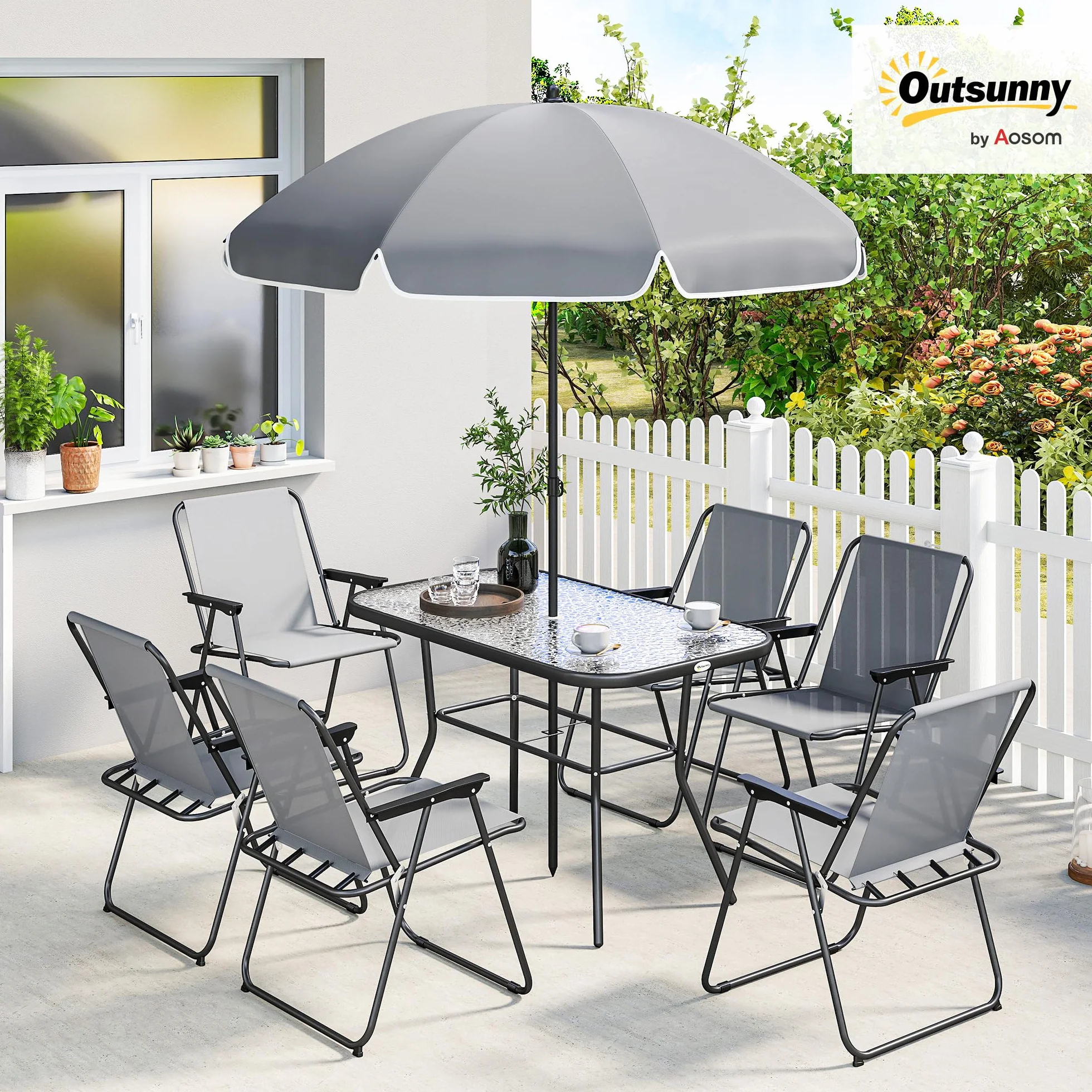 Outsunny Conjunto de Mesa y Sillas Jardín 8 Piezas, Muebles Exterior con Sombrilla, Sillas Plegables, Mesa Vidrio Templado, Gris