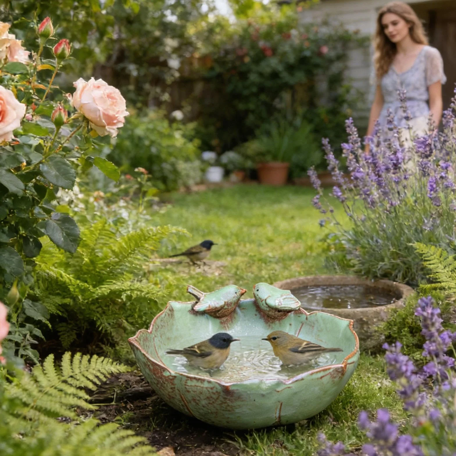 Bebedero para Aves de Suelo Gran Decorativo | Cuenco de Cerámica para Agua y Macetero Hidropónico para Jardín Interior Exterior, Patio, Balcón, Ventana, Terraza