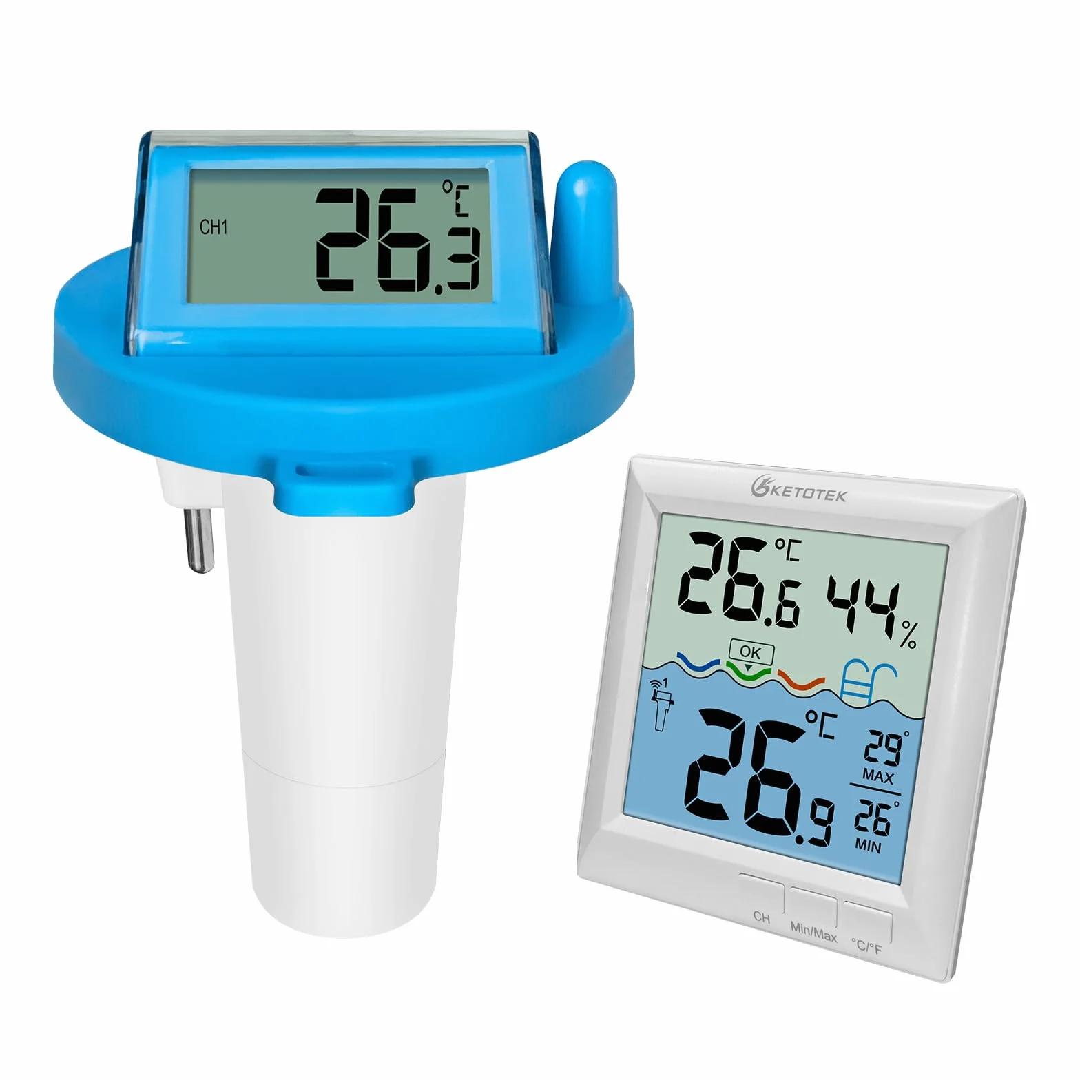 KETOTEK Termómetro inalámbrico para piscina IPX8, medidor digital de temperatura del agua flotante