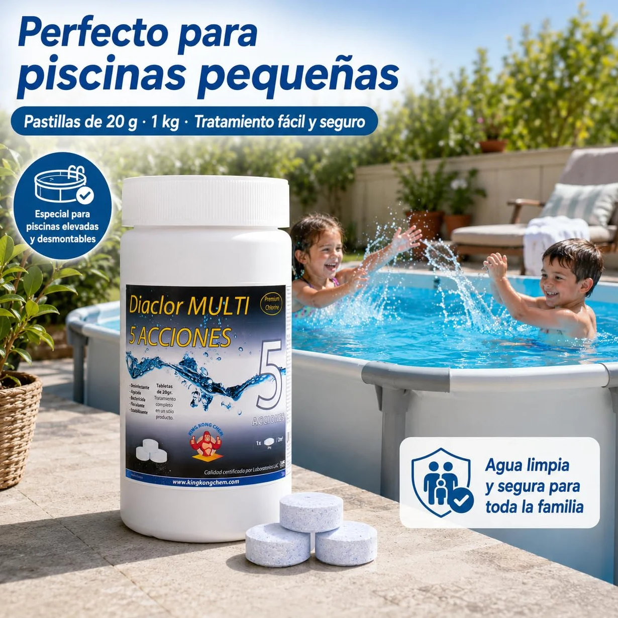 Pastillas de Cloro 5 Acciones Diaclor Mini Piscinas 1 kg Sin Cobre