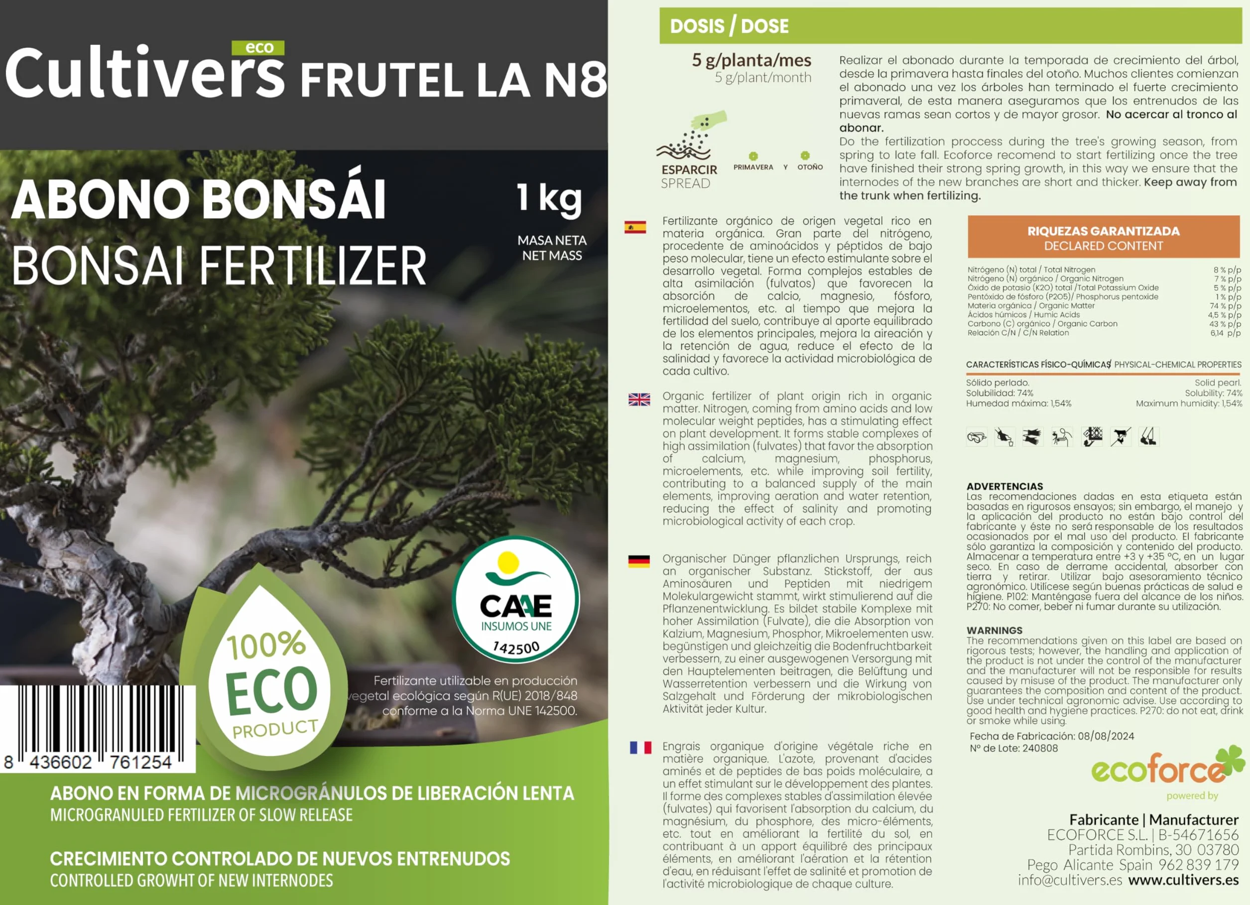 CULTIVERS Abono Bonsái Ecológico 2x1 kg Fertilizante Granulado NPK 8-1-5 Liberación Lenta