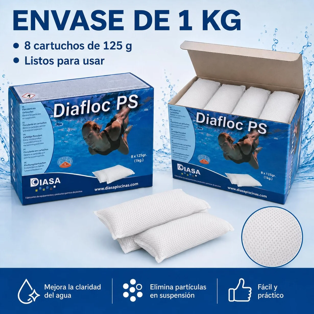 DIASA INDUSTRIAL DIAFLOC PS Floculante Clarificante para Piscinas 1 KG - 8 saquitos de 125 g