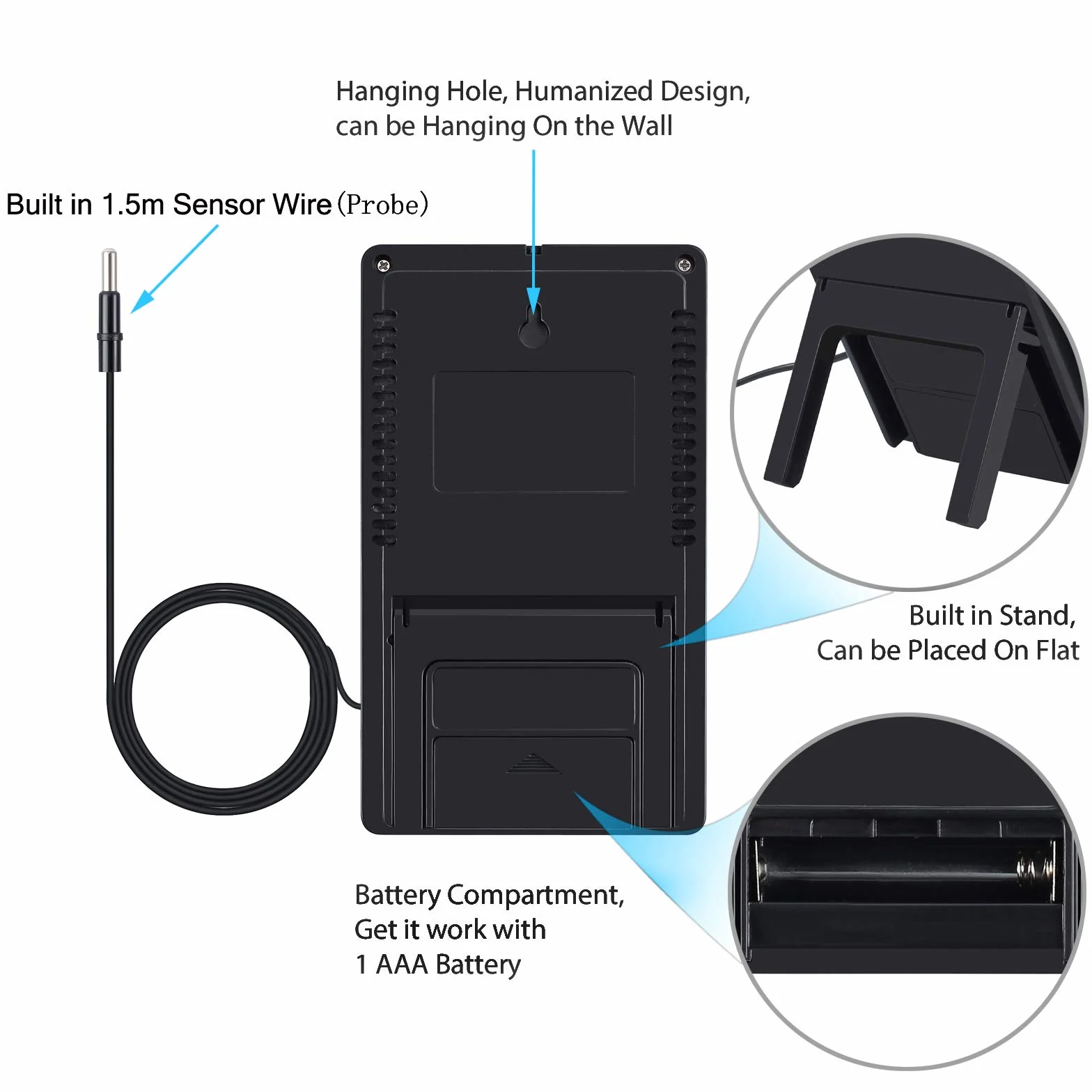 Neoteck Termometro Higrometro Digital LCD Interior Exterior con Cable Sensor 1,5m Medidor de Temperatura Humedad Min Max