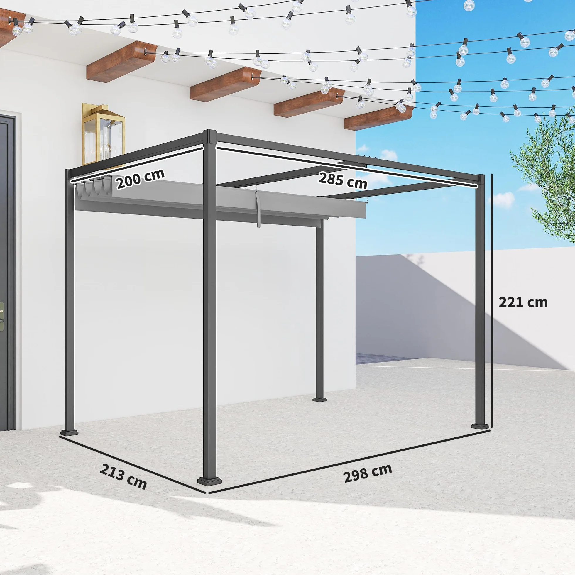 Outsunny Pérgola 3x2 m Cenador de Jardín Pabellón de Diseño Elegante con Techo Retráctil de Poliéster con Recubrimiento Resistente Anti-UV Impermeable para Celebraciones Fiestas Bodas Gris
