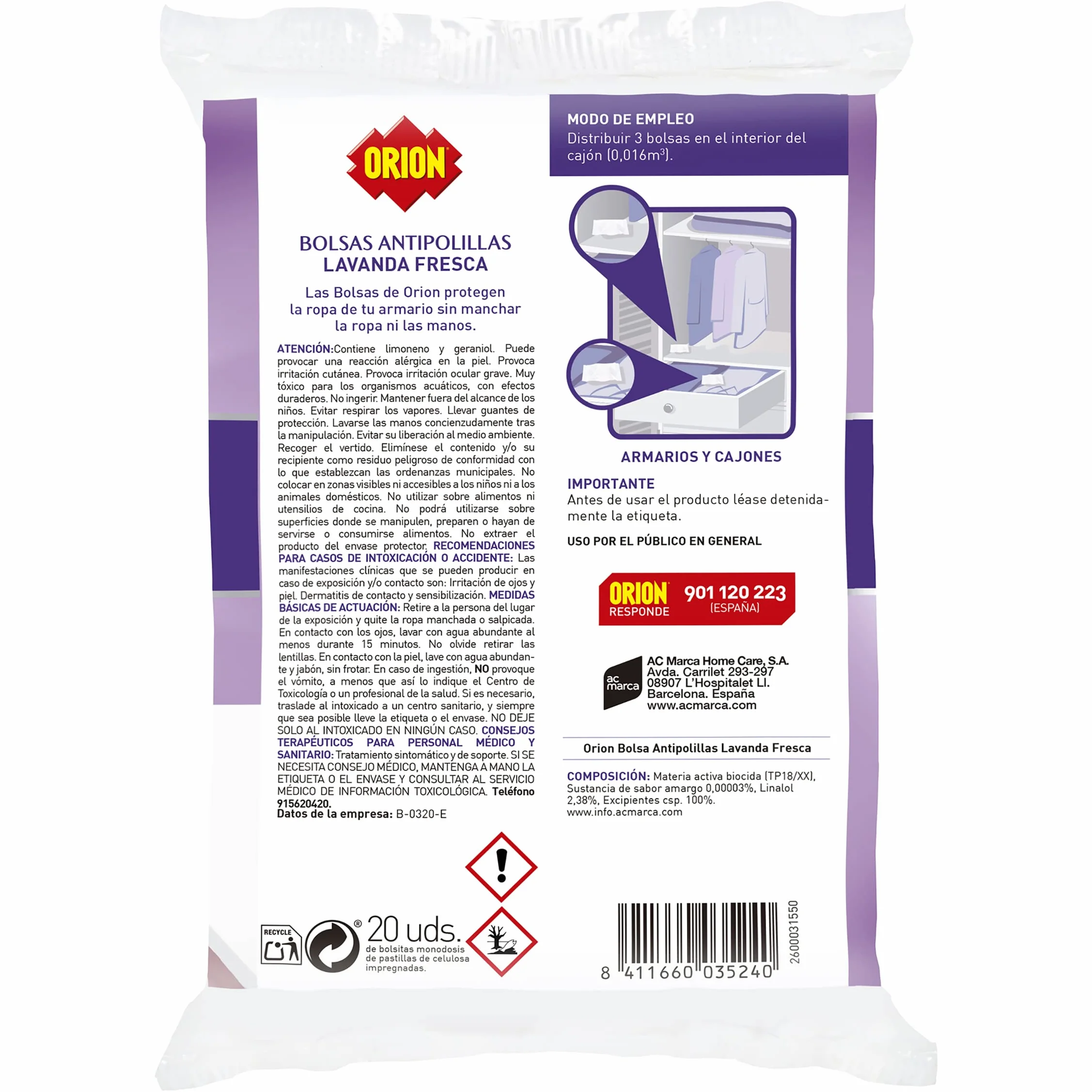 Orion Bolsas Antipolillas Sin Naftalina Aroma Lavanda Pack 40 Unidades