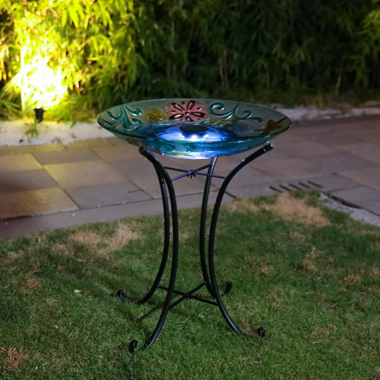 MUMTOP Glass Bird Bath, Bird Baths for Outdoors, Solar Birdfeeder with Metal Stand for Garden, Yard, Lawn Decor Sea Turtle Pattern(Blue, 21.5"X18")