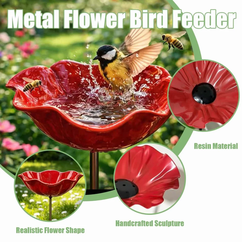 Bebedero para Pájaros de Pie, Baño para Pájaros Exterior, Comedero Forma de Flor, Metal para Jardín (Rojo)