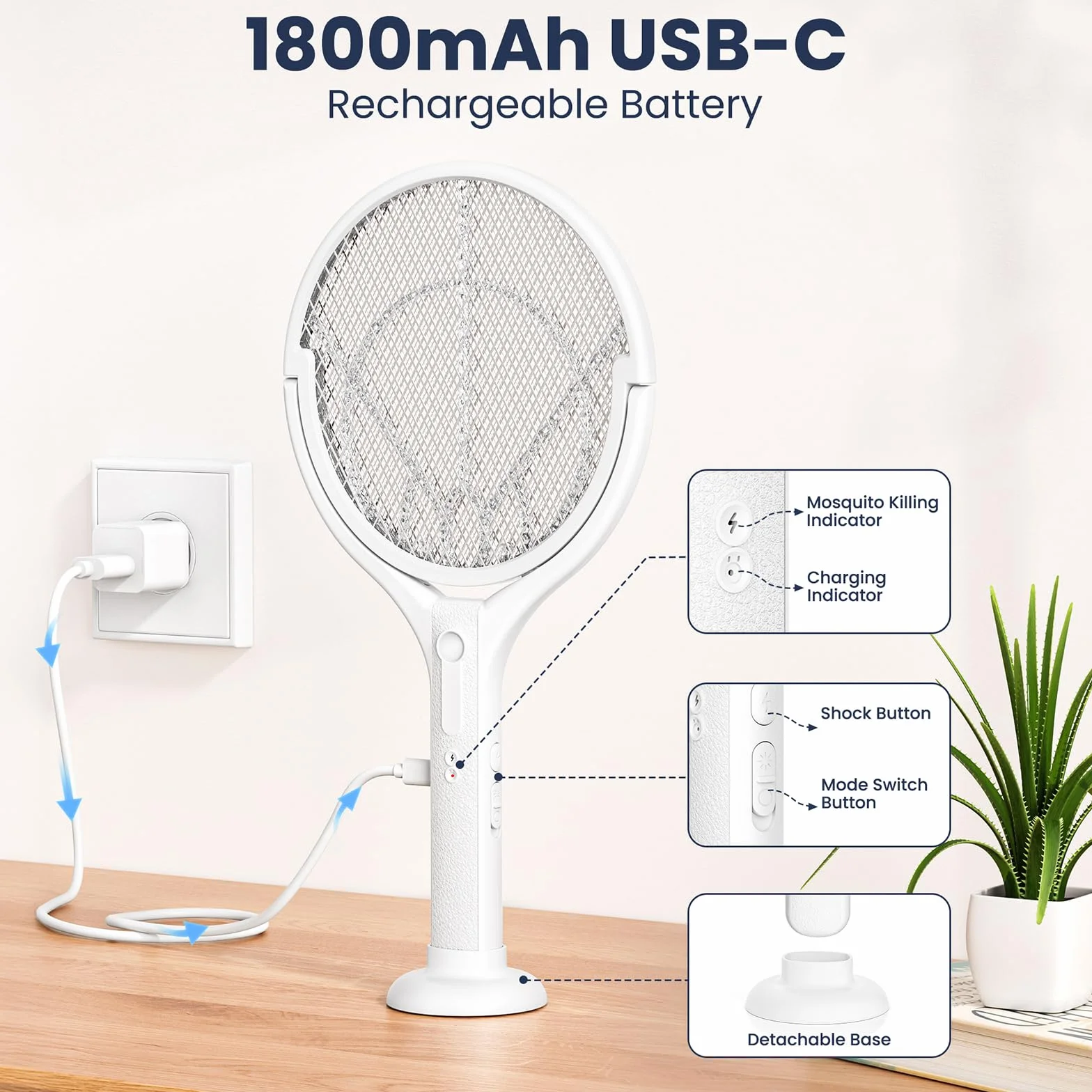 Raqueta Mosquitos Eléctrica 4000V 1800mAh Matamoscas Recargable 2 en 1 LED Antimosquitos