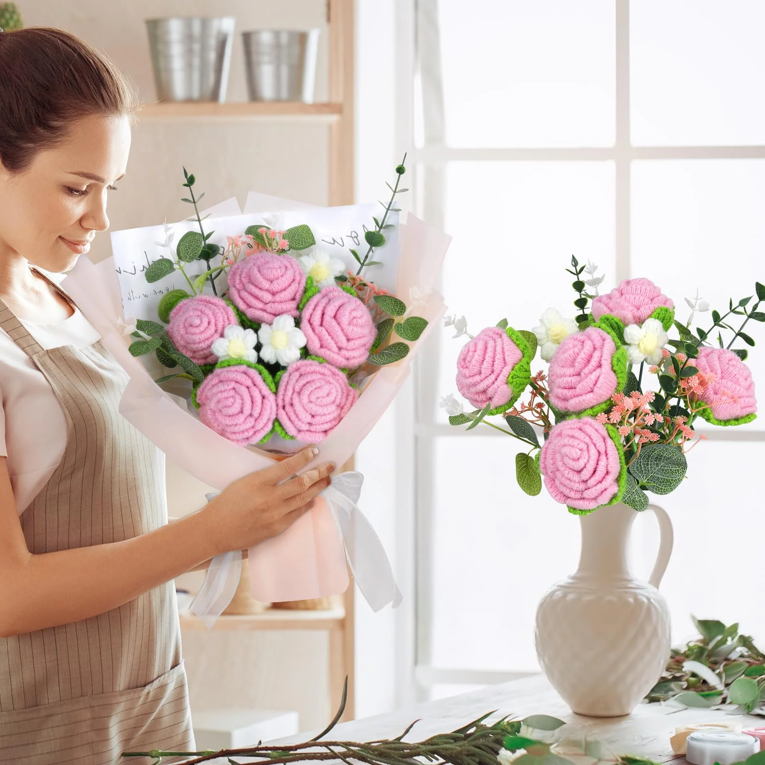Ramo de Flores de Ganchillo Hecho a Mano con Bolsa de Regalo para Mujer, Bodas, Día de la Madre (Rosa blanco)