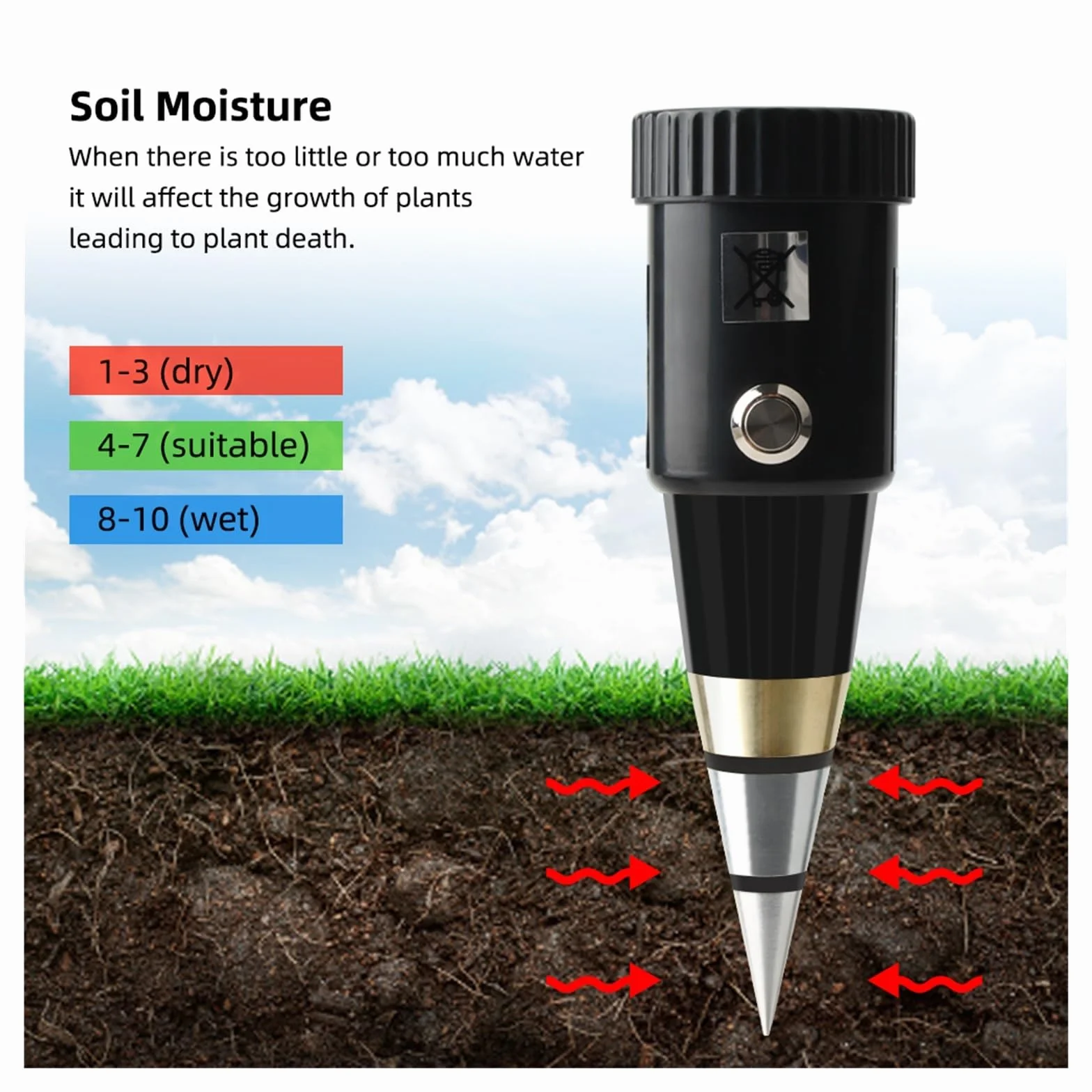 Medidor de humedad del suelo Medidor de PH de humedad del suelo de mano probador de humedad y acidez sonda de Sensor de Metal 3 ~ 8ph higrómetro sin batería for plantar herramienta de jardín Fiable y