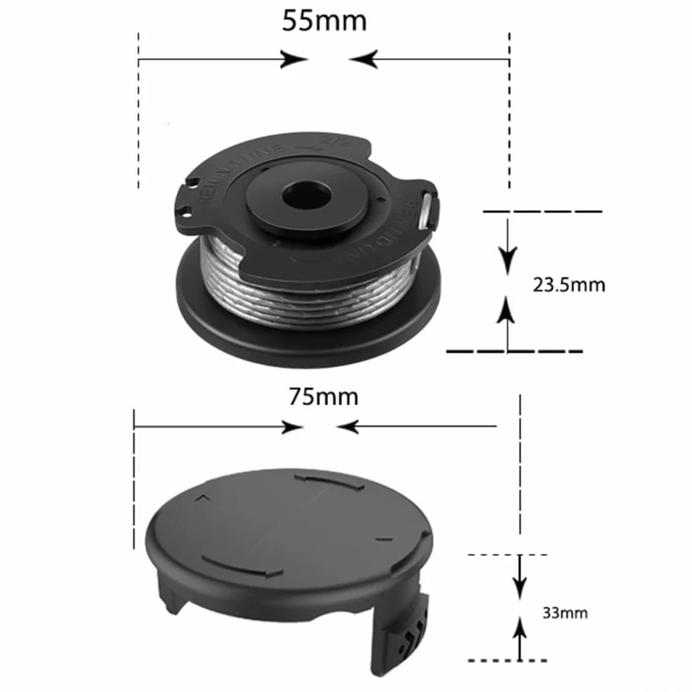Hilo para cortabordes Recambio de Hilo, Paquete de 8 carretes de Hilo for Recortadora y 2 Cubiertas for Modelos Art de 1,6 mm de diámetro y 4,9 m de Longitud de Nailon Negro