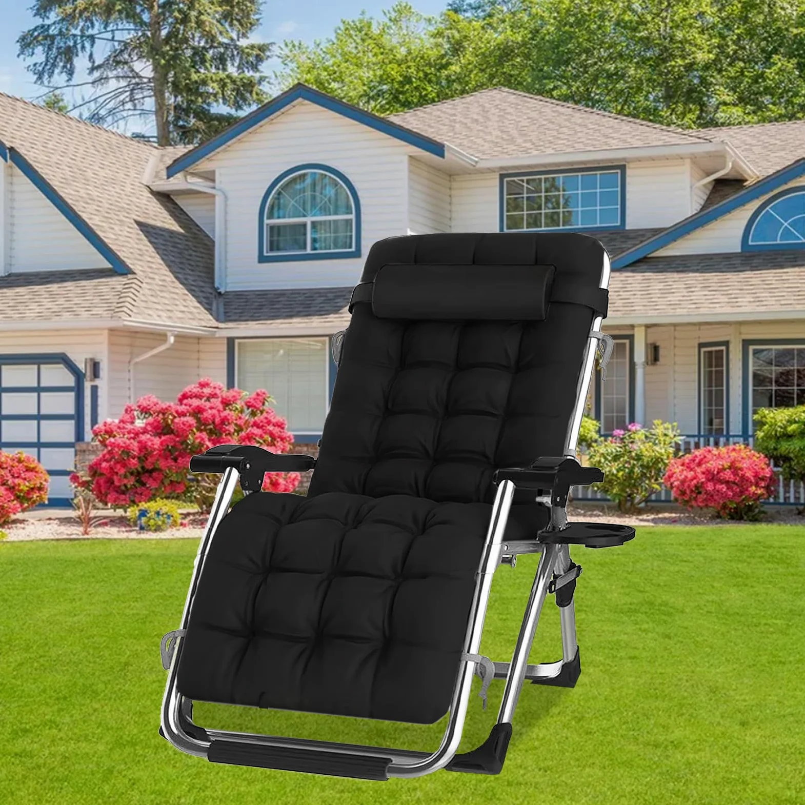 Sillas Gravedad Cero,Tumbona para Terraza Sillón De Jardín,con Reposacabeza Extraíble para Patio, Playa, Piscina,Soporte 440 Lbs. (con cojín Negro, Set de 1)