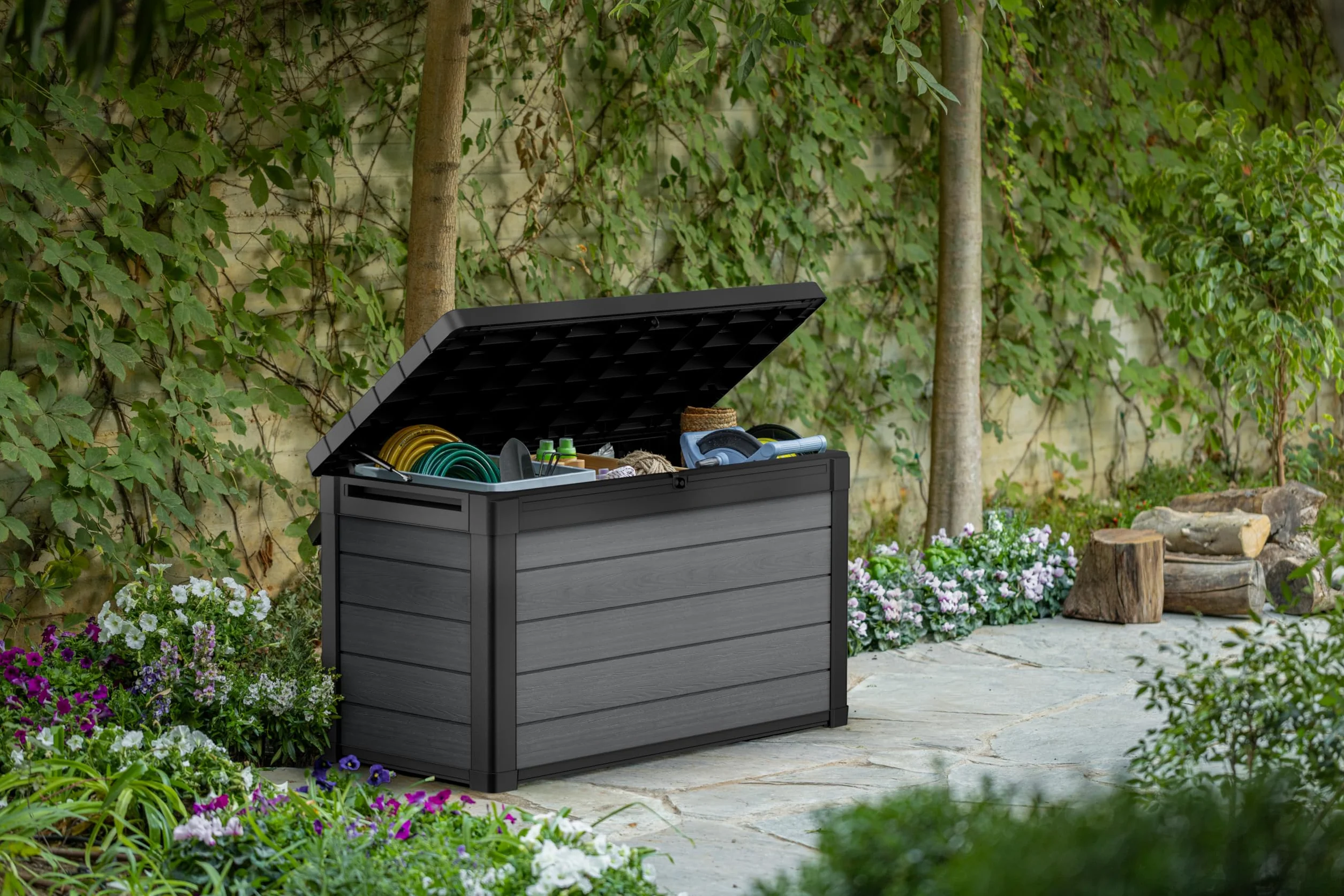 Keter Baúl de jardín 380 l gris efecto madera 122,9 x 62,1 x 70,6 cm