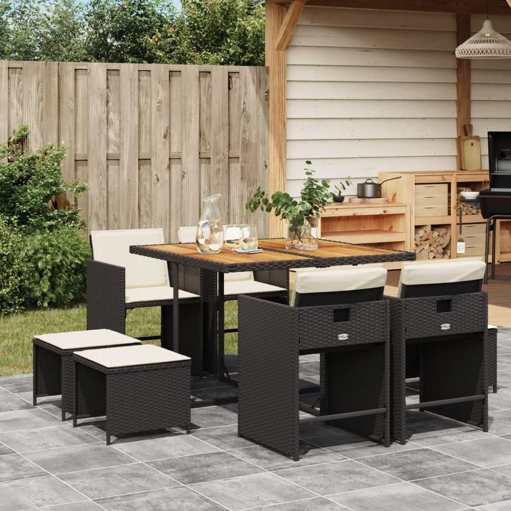 Brokky Juego de Muebles de Jardín en Ratán Conjunto Comedor para Jardín Exterior Mesa y Sillas De Comedor De Ratán-Negro y Crema-9 pzas/Madera