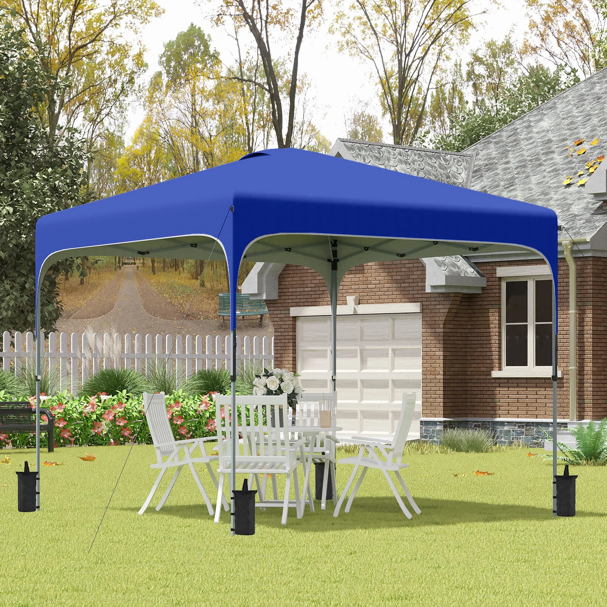 Outsunny Cenador Plegable Pop-UP 2,5x2,5x2,68 m Carpa de Jardín Protección UV 50+ Ajustable en Altura con 4 Bolsas de Arena y Bolsa de Transporte para Camping Fiestas Patio Azul