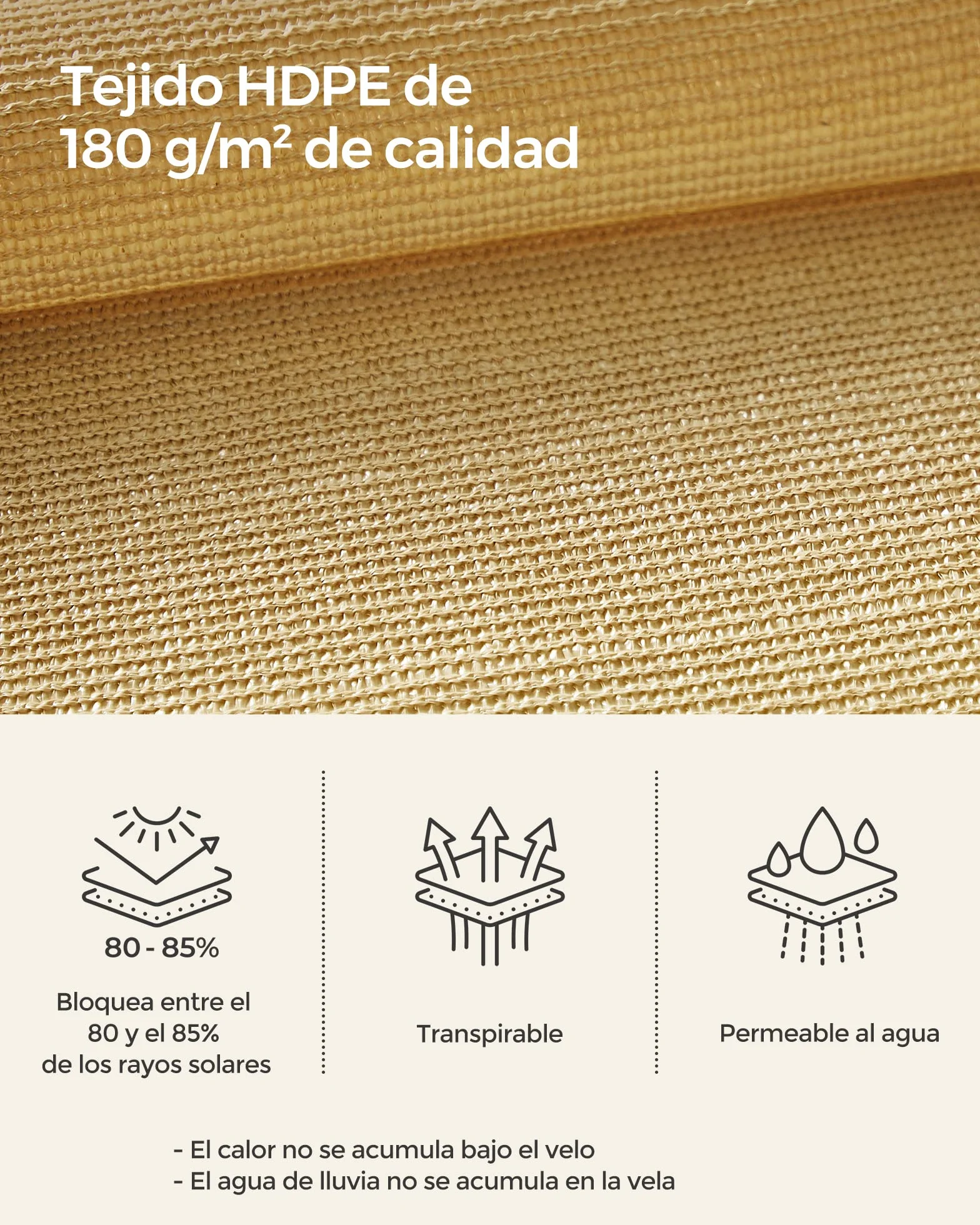 SONGMICS Vela de Sombra 3 x 5 m, HDPE, Protección Solar, Rectangular, Cóncava, Amarillo Arena