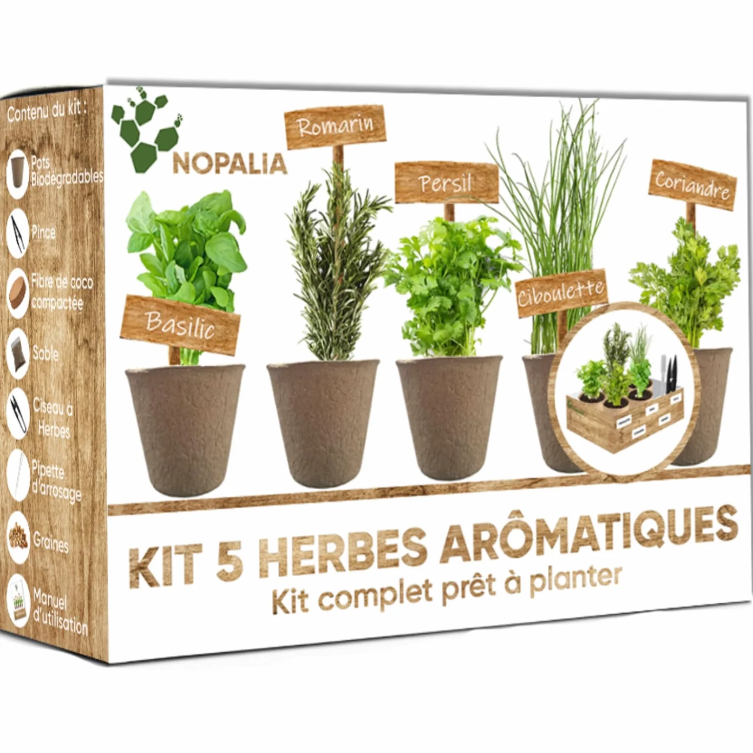 NOPALIA® Kit Hierbas Aromáticas Macetas Biodegradables Tijeras Accesorios Huerto Urbano Interior