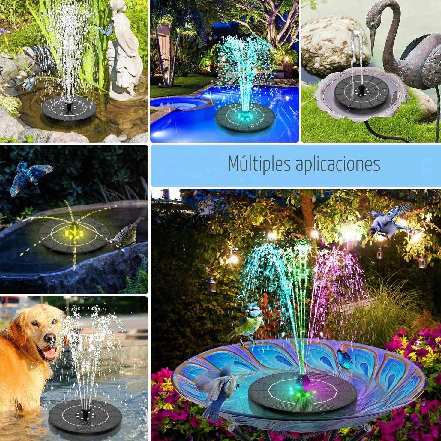 SZMP Fuente Solar - 3.5W 2026 Nuevo Bomba Solar para Estanque Exterior Solares para Jardin, 2200mAh Baterías con 8 Leds Colorido y 8 Boquillas, para Estanque de Jardín Fuente, Baño para Pájaros