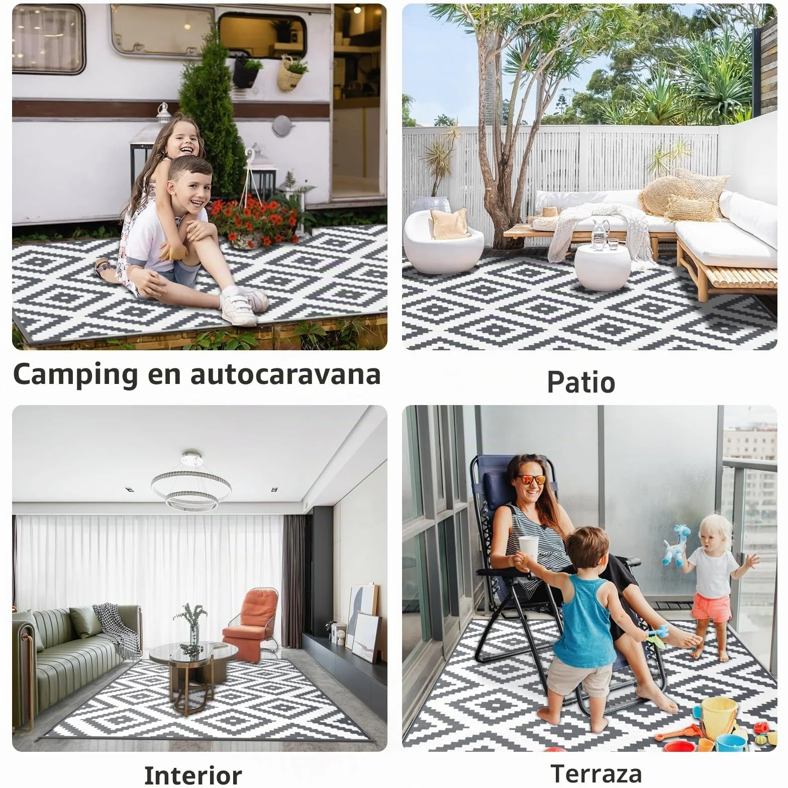 Alfombra de Exterior Impermeable Grande Reversible para Patio Jardín
