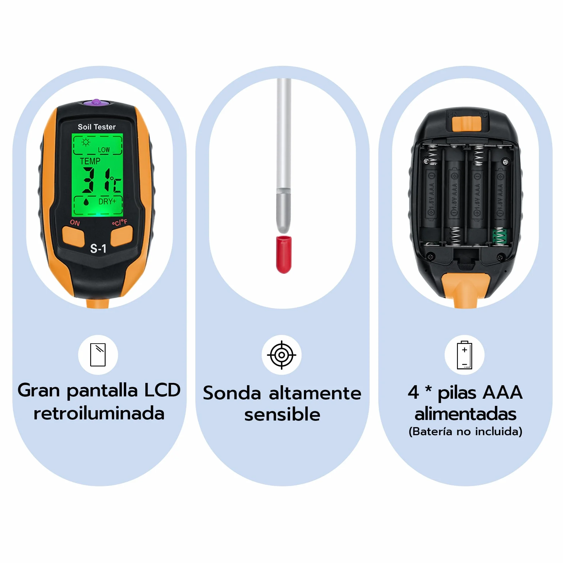 Medidor de Humedad Suelo 4 en 1, Termómetro Digital para Plantas con Pantalla LCD, Medidor de pH y Luz Solar para Jardinería