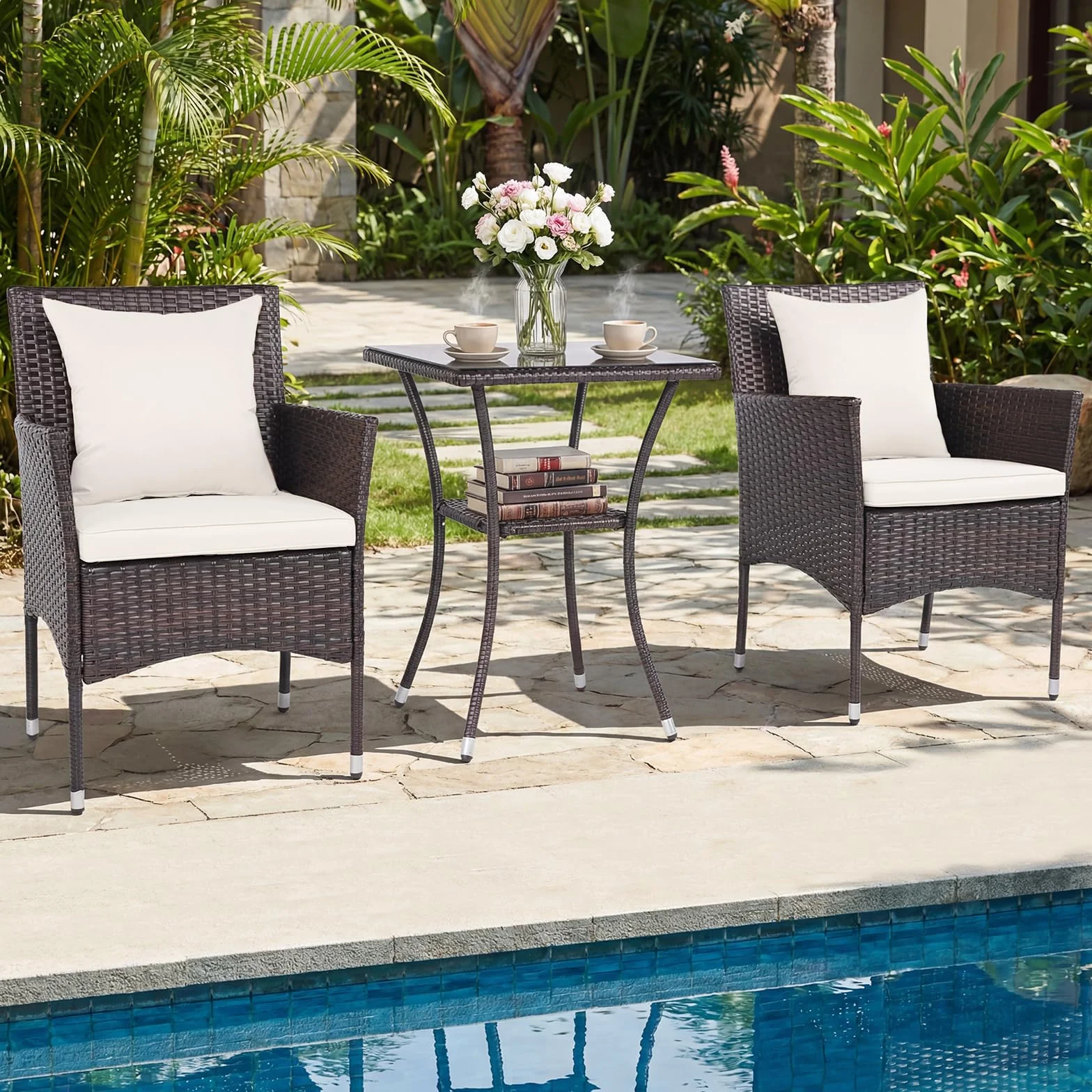 COSTWAY Conjunto Mesa y Sillas Jardín 3 Piezas, Mesa Terraza Exterior Cristal Templado 2 Nivel, Muebles Conversación con Cojines