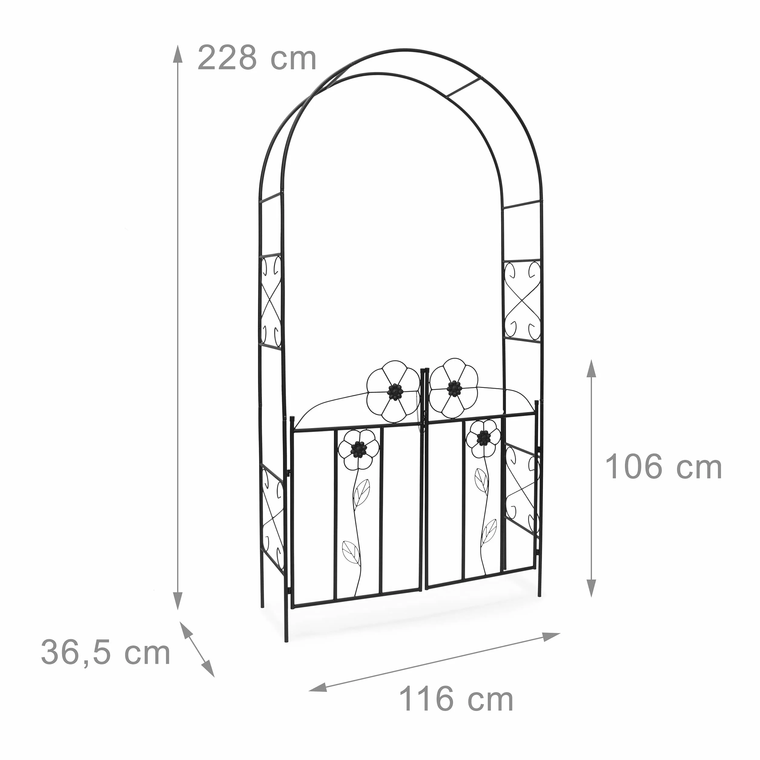 Relaxdays Arco de metal con puerta para rosas, 228 x 116 x 36,5 cm, polvo de hierro, negro