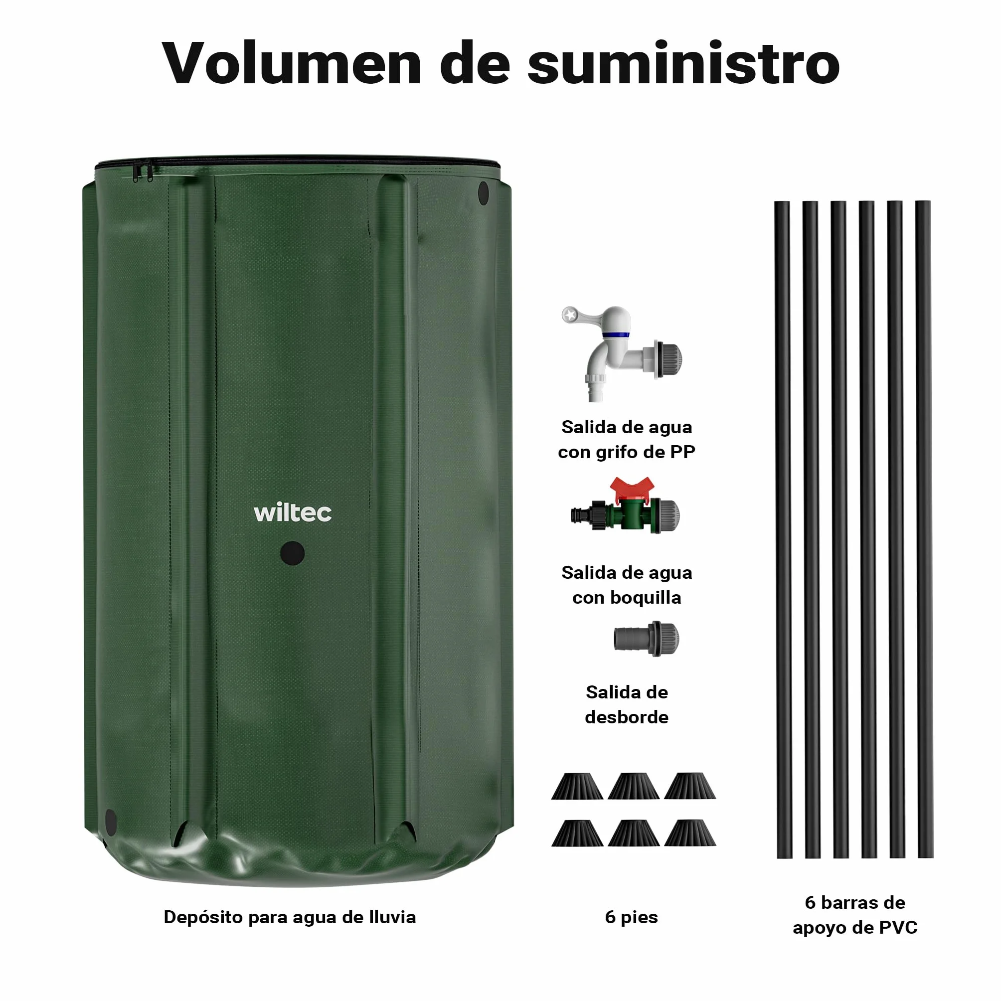 Wiltec Barril de Lluvia Plegable 250 litros PVC Tanque Agua Flexible con Grifo y Tapa