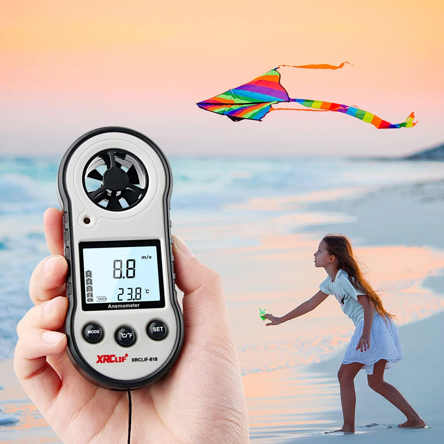 Anemómetro digital de velocidad del viento medidor de flujo de aire para temperatura y velocidad gris