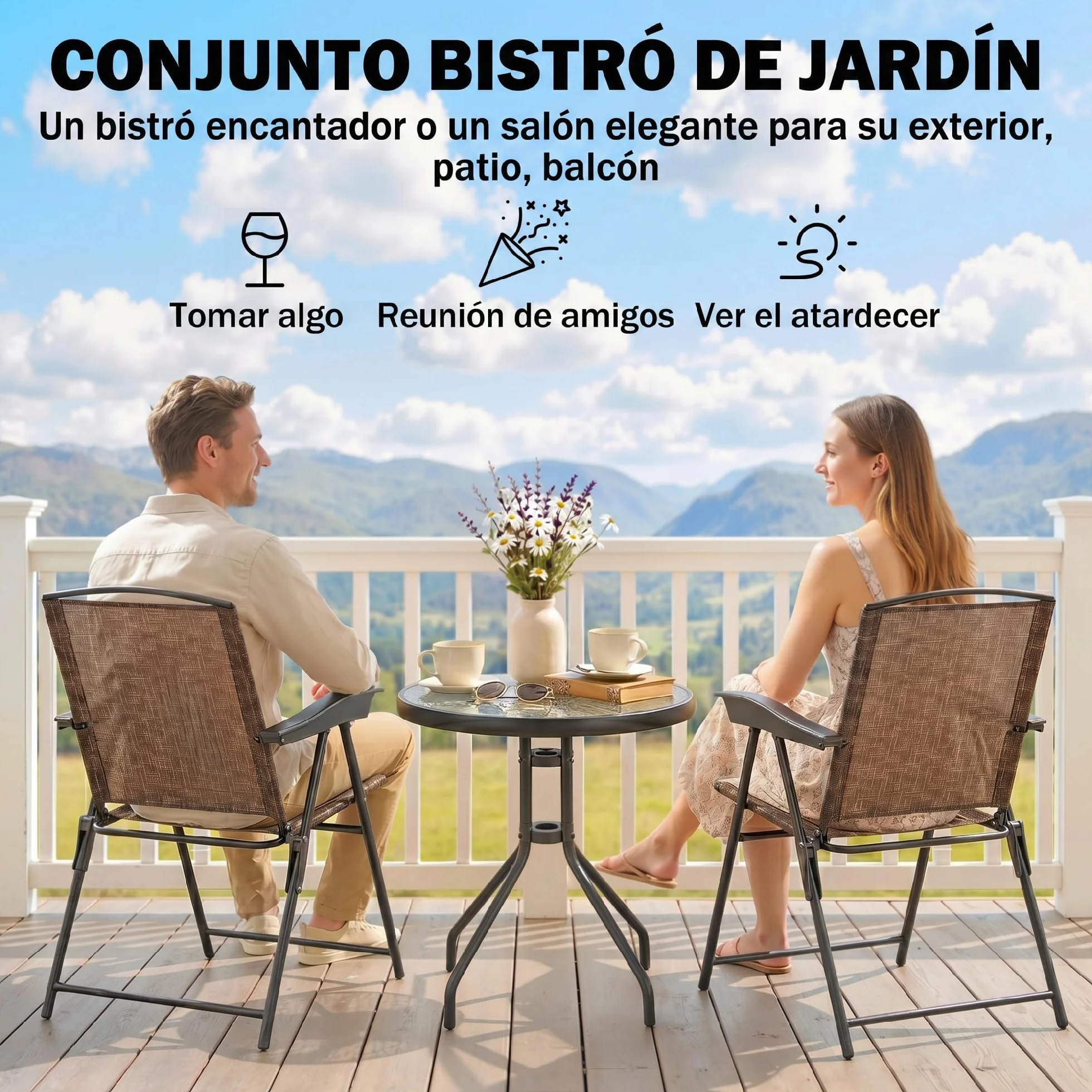 Outsunny Conjunto Mesa y 2 Sillas Jardín Exterior Plegable Respaldo Reclinable 4 Niveles Texteline Acero Marrón