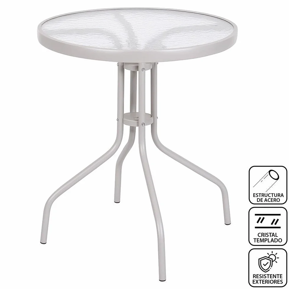 MONTY Conjunto Jardín Exterior Mesa Cristal Templado Ø60cm 2 Sillones Ratan Beige Apilables