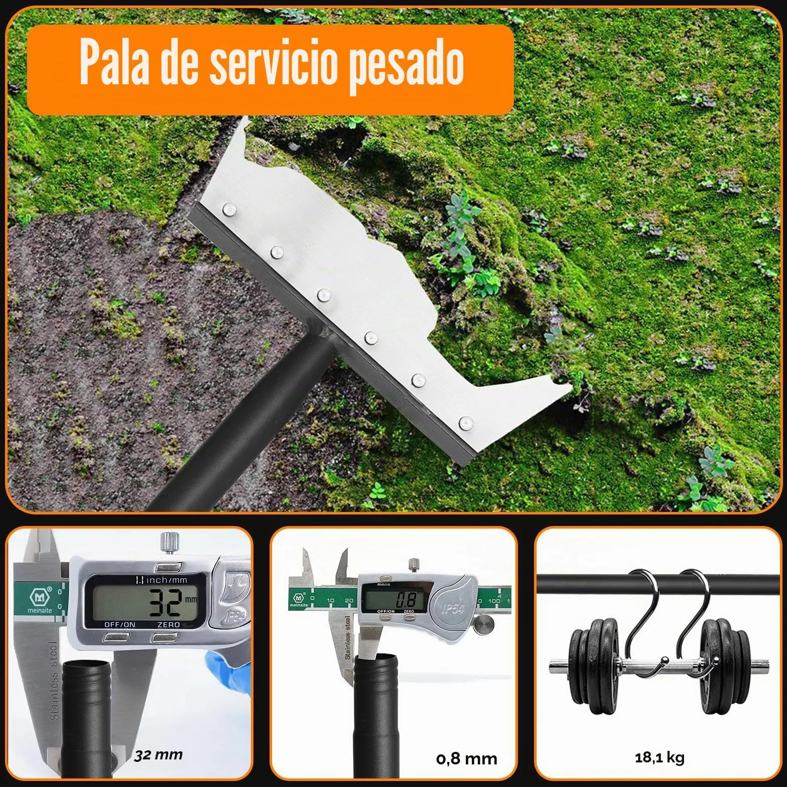 Pala de Jardín Multifuncional 148 cm, Pala Plana de Acero, Raspador para Malas Hierbas y Musgo