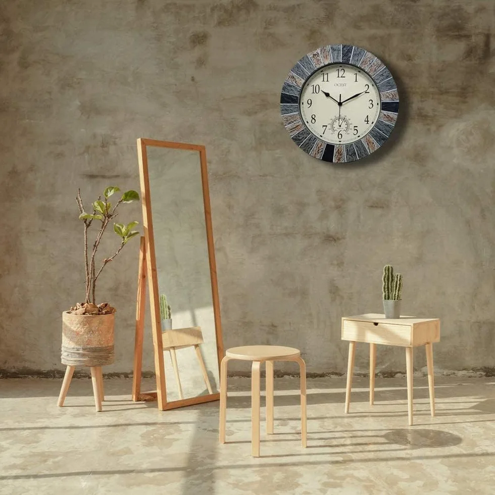 OCEST Reloj de jardín 33 cm resistente al agua Reloj de pared grande retro con termómetro a pilas sin tictac